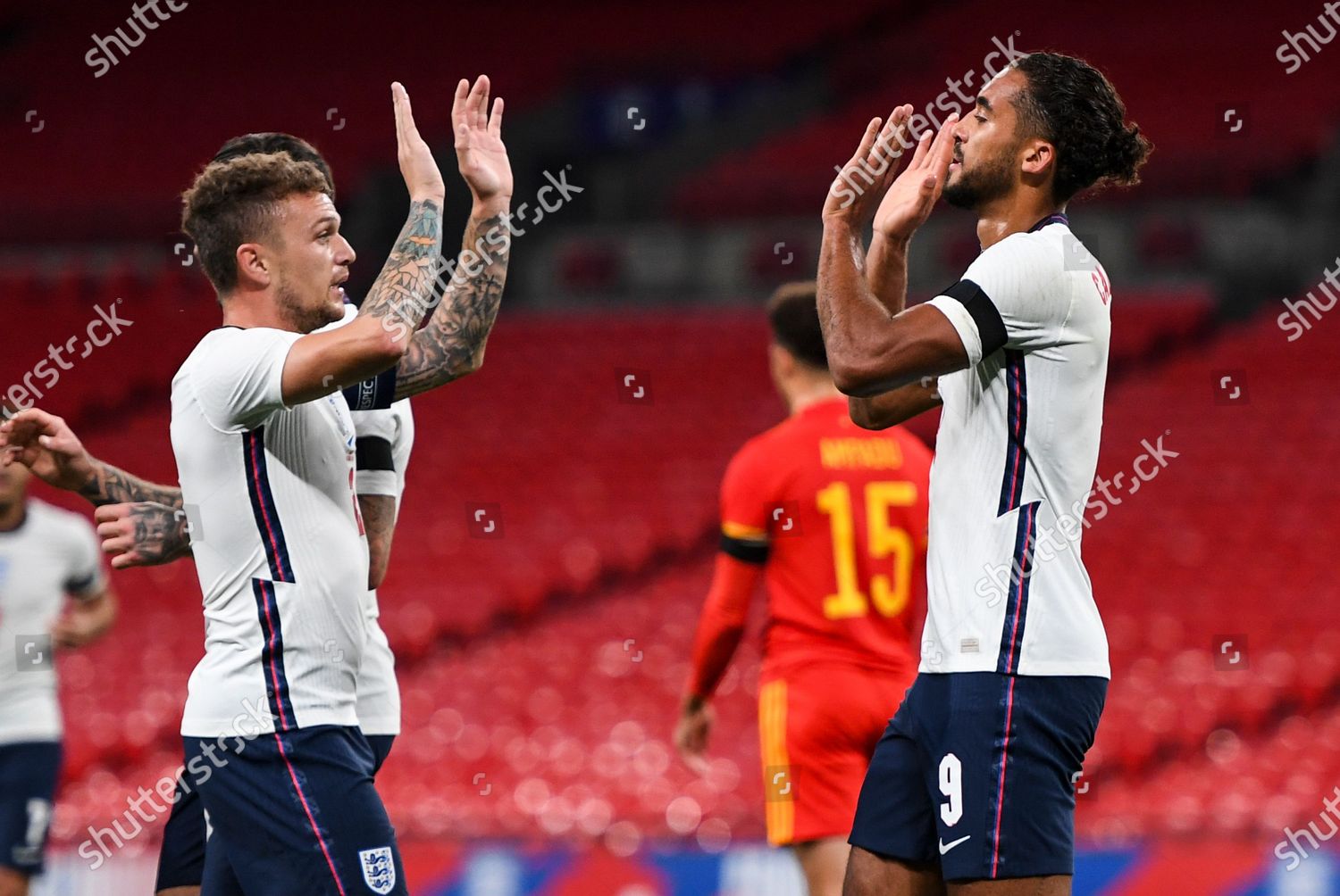  Dominic Calvert-Lewin celebrates an aerial victory during a soccer match with his teammate.