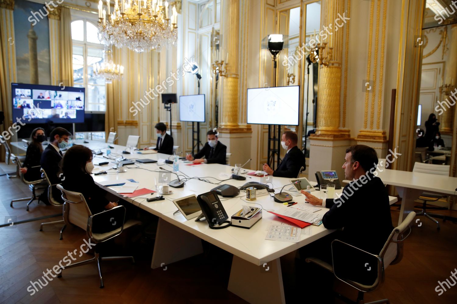 French President Emmanuel Macron Attends Video Conference Editorial ...