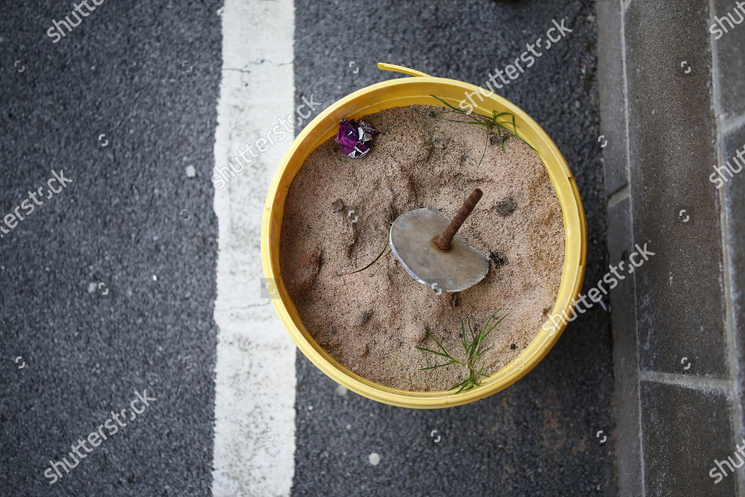 sand-bucket-used-pyrotechnics-remains-unused-editorial-stock-photo