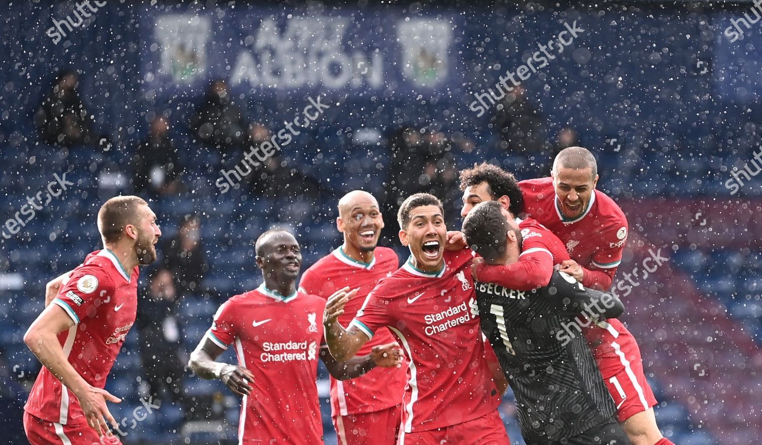Liverpools Goalkeeper Alisson 3r Celebrates Teammates Editorial Stock