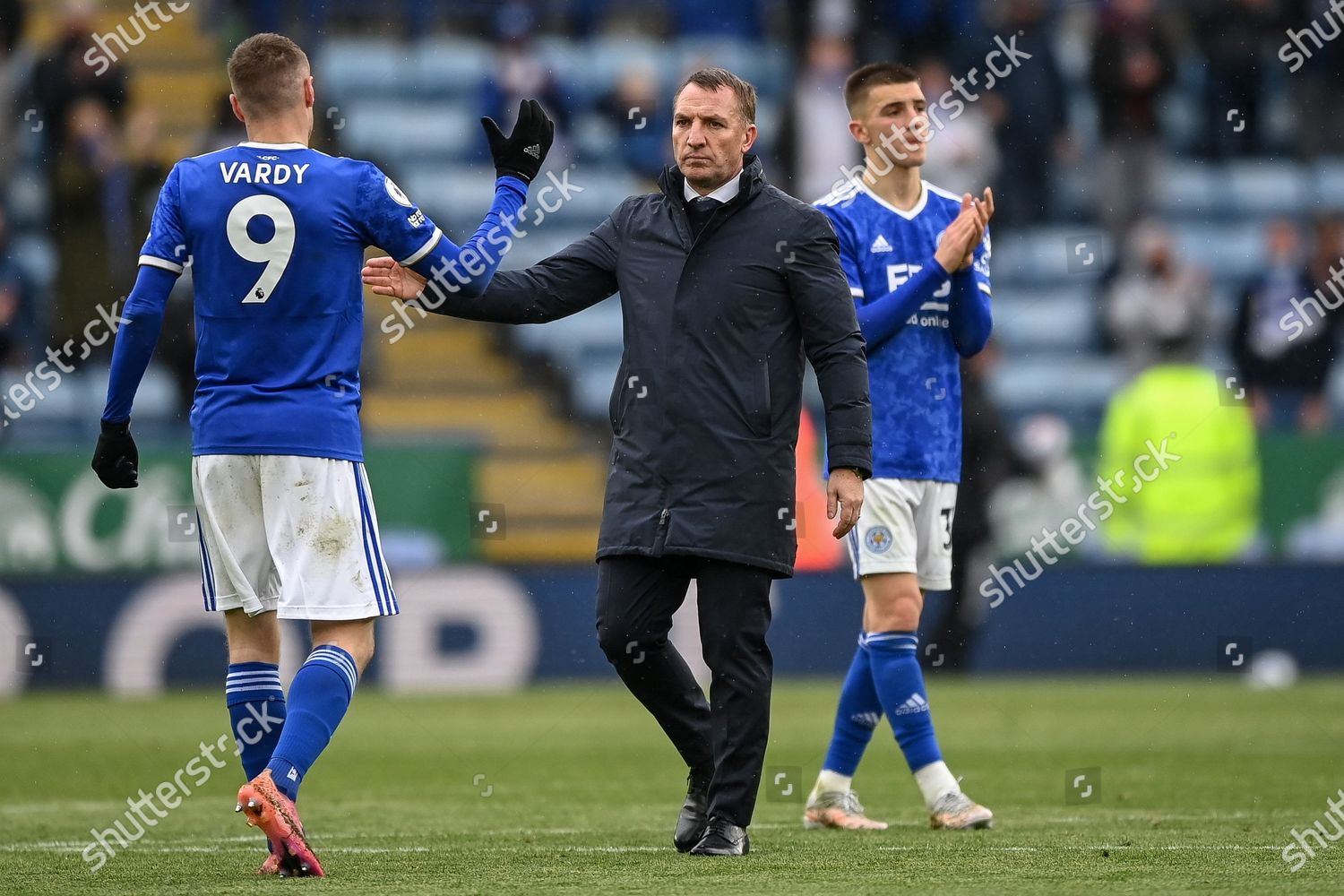 Leicester City manager Brendan Rodgers C congratulates ...