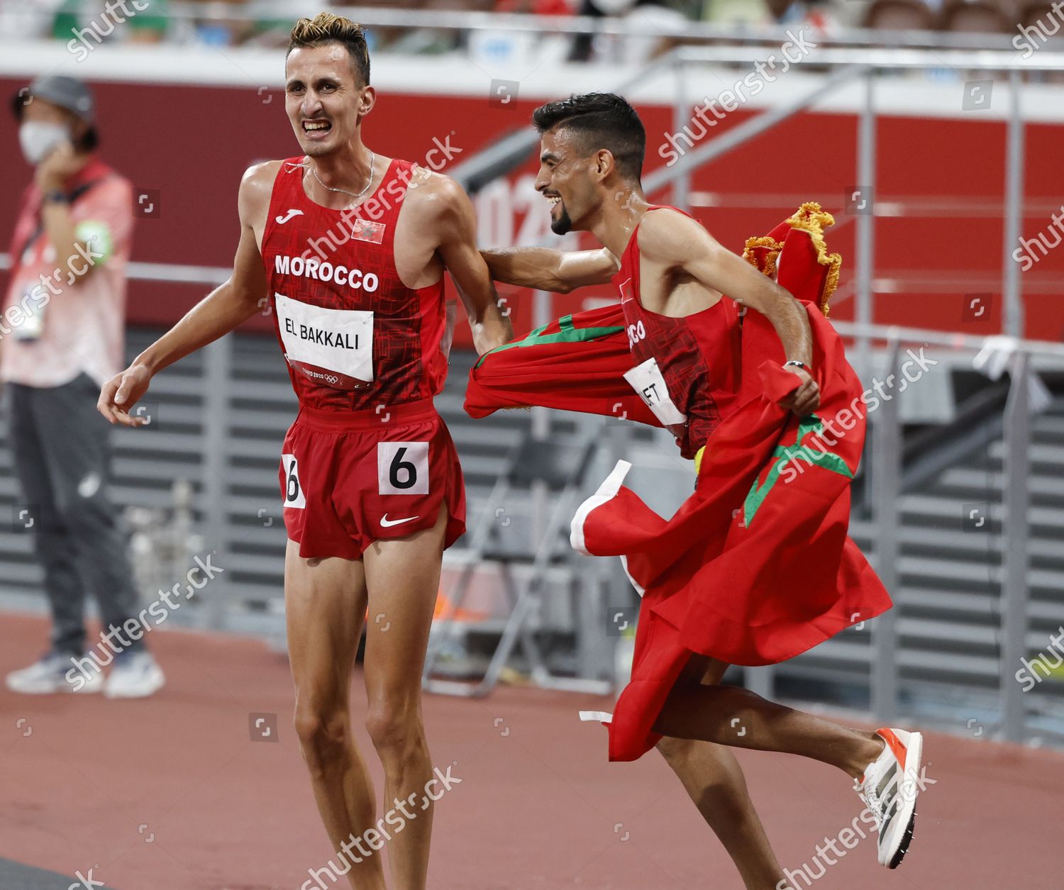 Moroccos Mohamed Tindouft Rcongratulates Soufiane El Editorial Stock