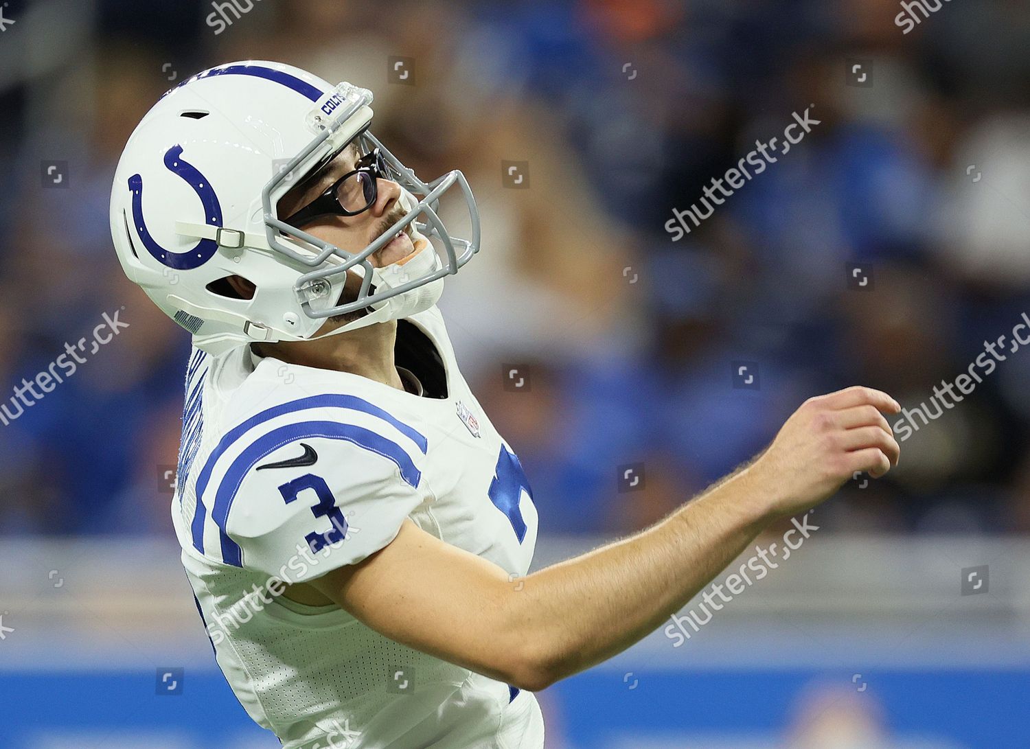 Indianapolis Colts kicker Rodrigo Blankenship (3) follows his kick