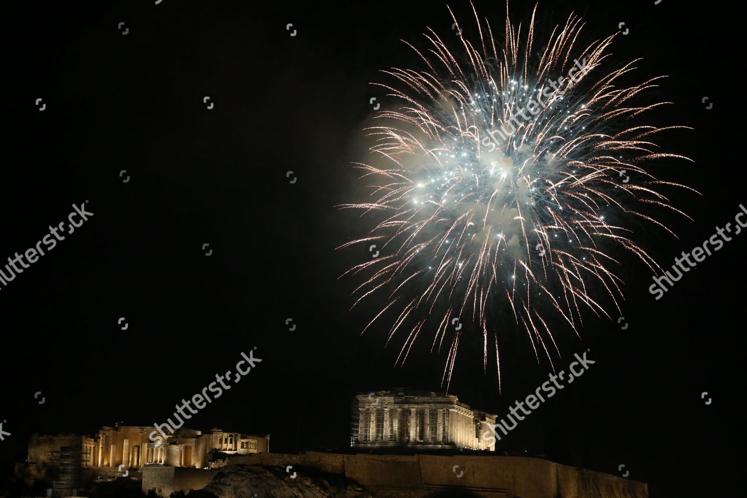 Fireworks Explode Over Ancient Parthenon Temple Editorial Stock Photo ...