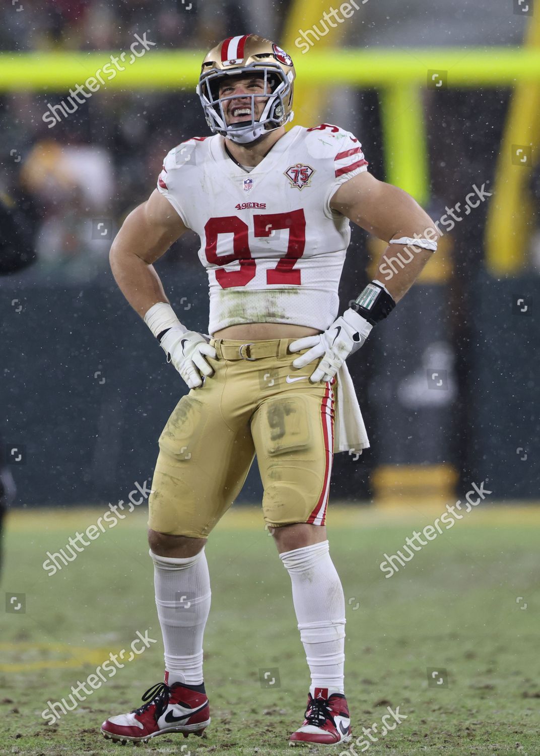 January 22, 2022: San Francisco 49ers defensive end Nick Bosa (97) during  the NFL divisional playoff football game between the San Francisco 49ers  and the Green Bay Packers at Lambeau Field in