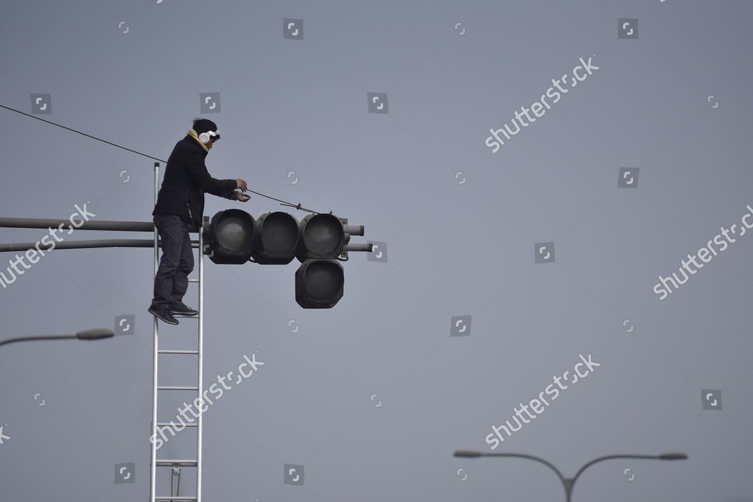Technician Checking Traffic Street Lights Maintenance Editorial Stock