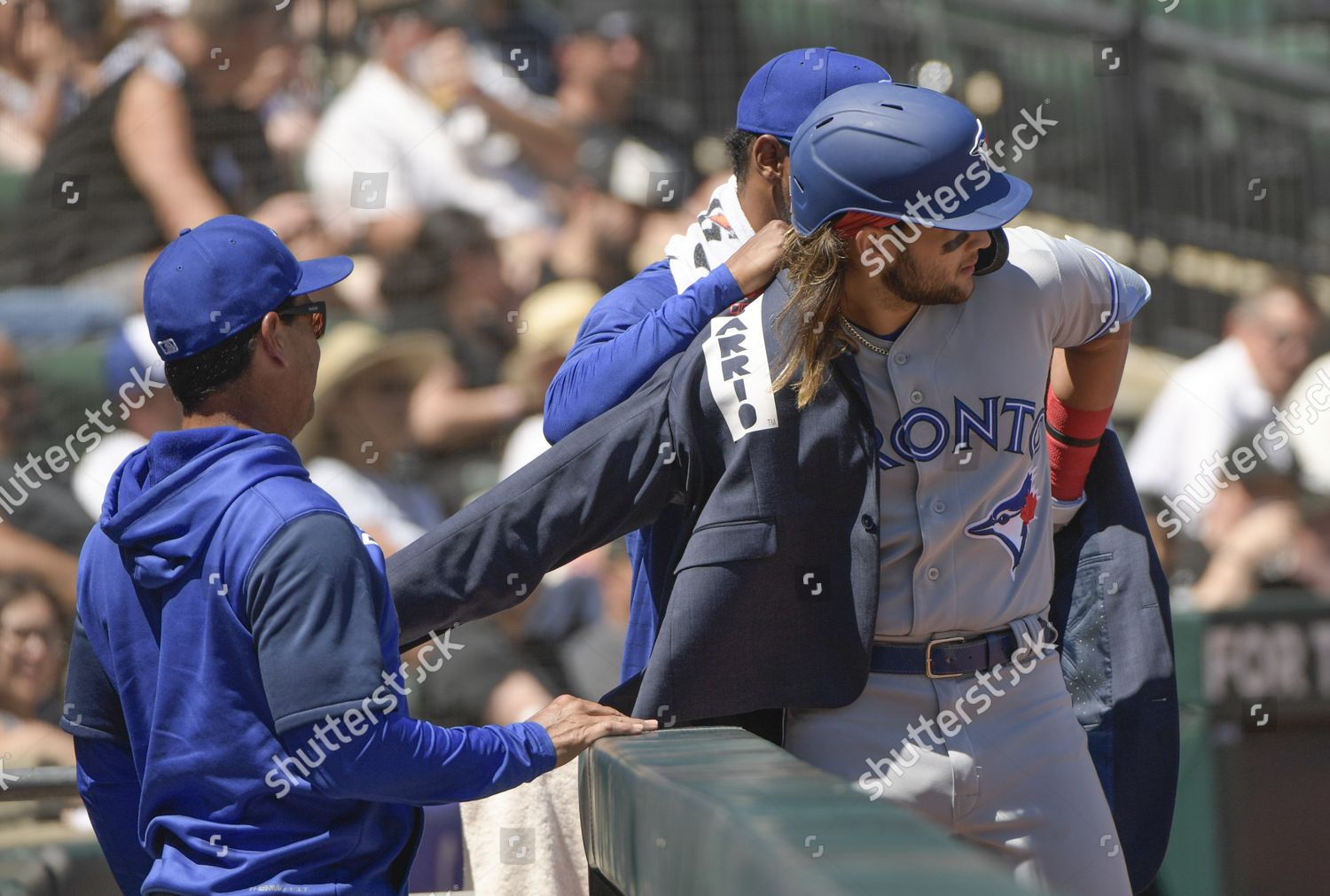 Chicago, United States. 22nd June, 2022. Toronto Blue Jays Bo Bichette puts  on the HR Squad Jacket after his grand slam home run against the Chicago  White Sox during the fourth inning