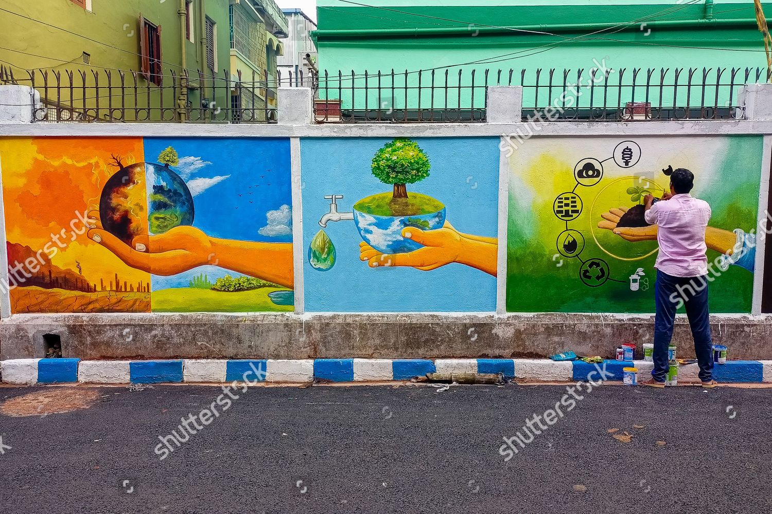 Artist Seen Painting Environmental Awareness Wall Editorial Stock Photo