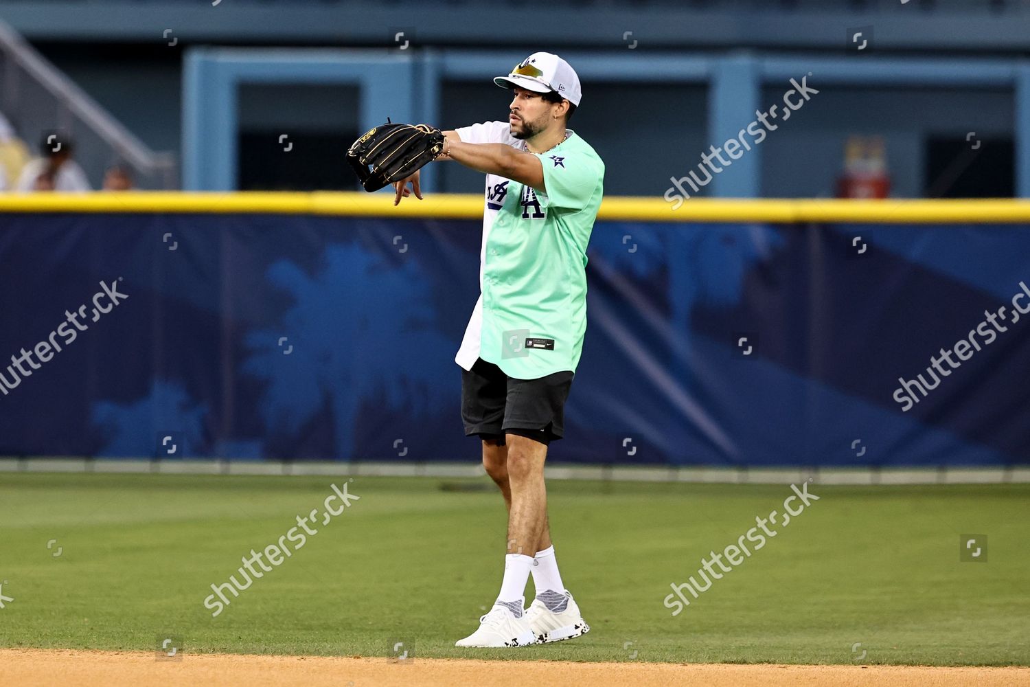 Bad Bunny at Dodgers Stadium in Los Angeles for MLB Celebrity softball game  