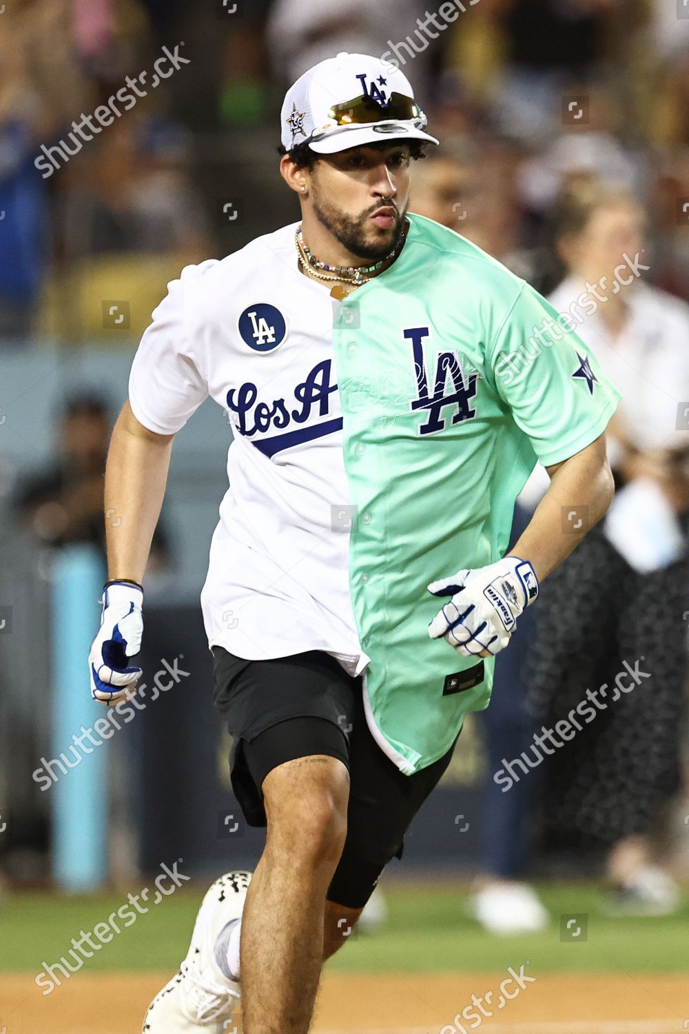 Bad Bunny at Dodgers Stadium in Los Angeles for MLB Celebrity softball game  