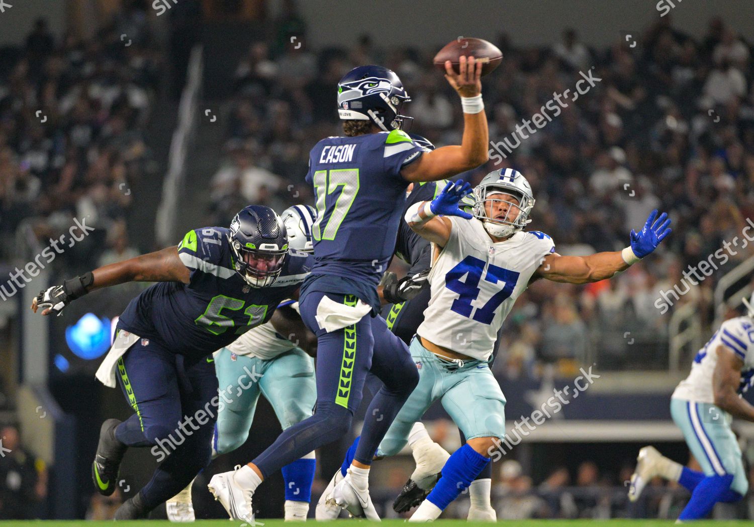 Seattle Seahawks quarterback Jacob Eason (17) during an NFL