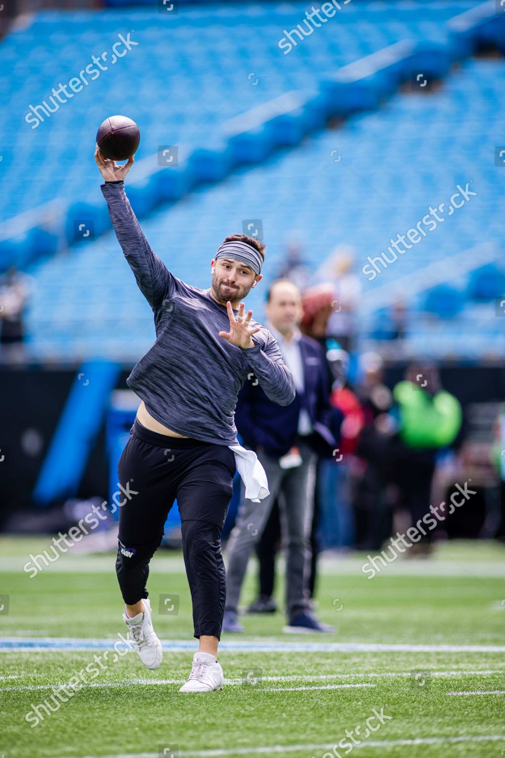 Carolina Panthers quarterback Baker Mayfield warms up before an