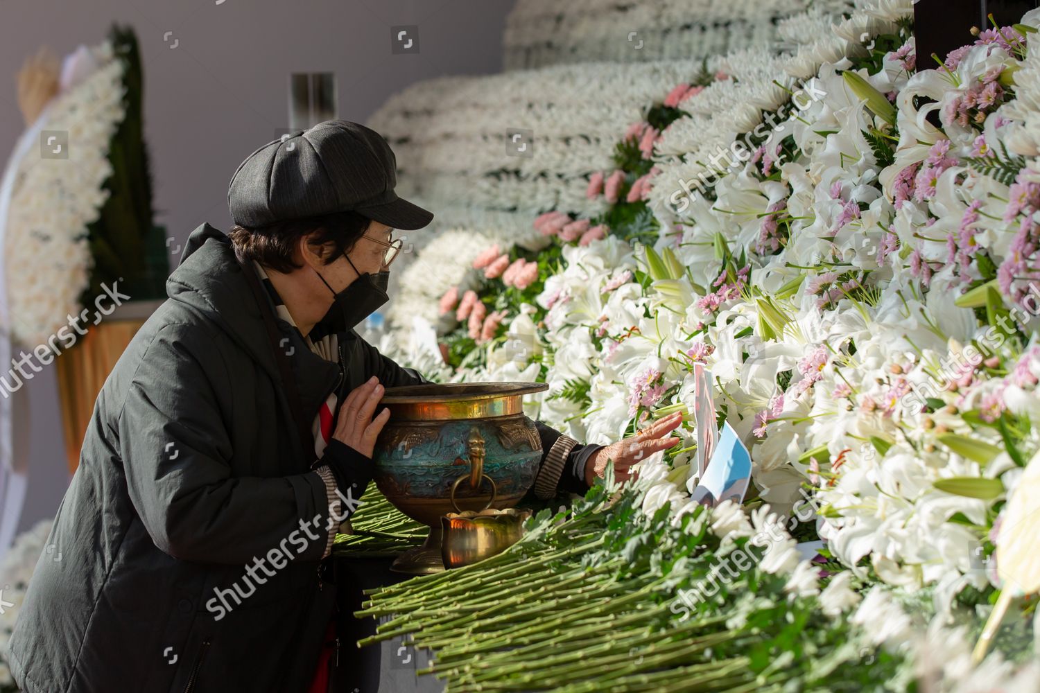 Woman Touches Portrait Victim Mourning Altar Editorial Stock Photo 