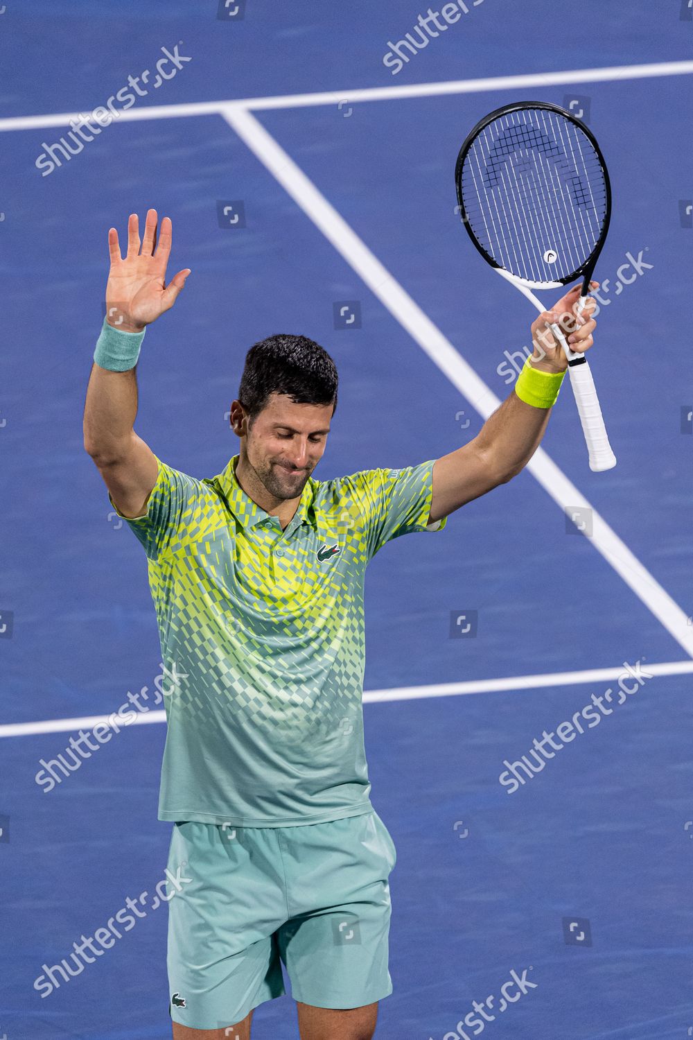 Dubai, United Arab Emirates. March 02, 2023, Dubai, United Arab Emirates.  March 02, 2023 Novak Djokovic of Serbia celebrates victory over Hubert  Hurkacz of Poland during their ATP 500 Dubai Duty Free