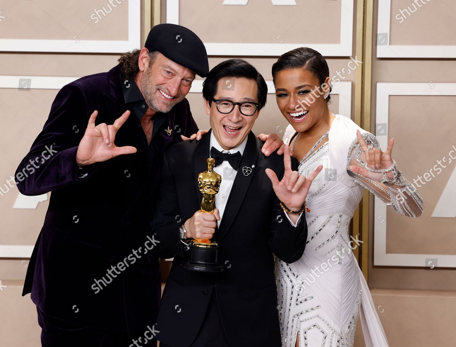 Los Angeles, California, USA. 12th Mar, 2023. Los Angeles, USA. 12th Mar,  2023. Troy Kotsur, Ke Huy Quan and Ariana DeBose posing for photos in the  press room at the The 95th