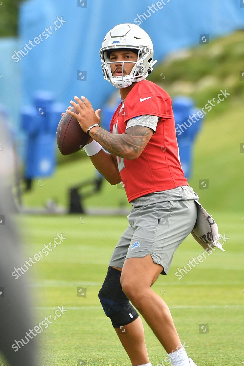 Detroit Lions quarterback Adrian Martinez (18) looks over the