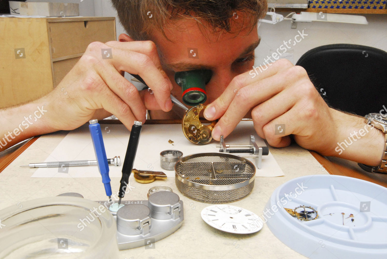 Model Released Watchmaker Cleaning Pocket Watch Editorial Stock Photo