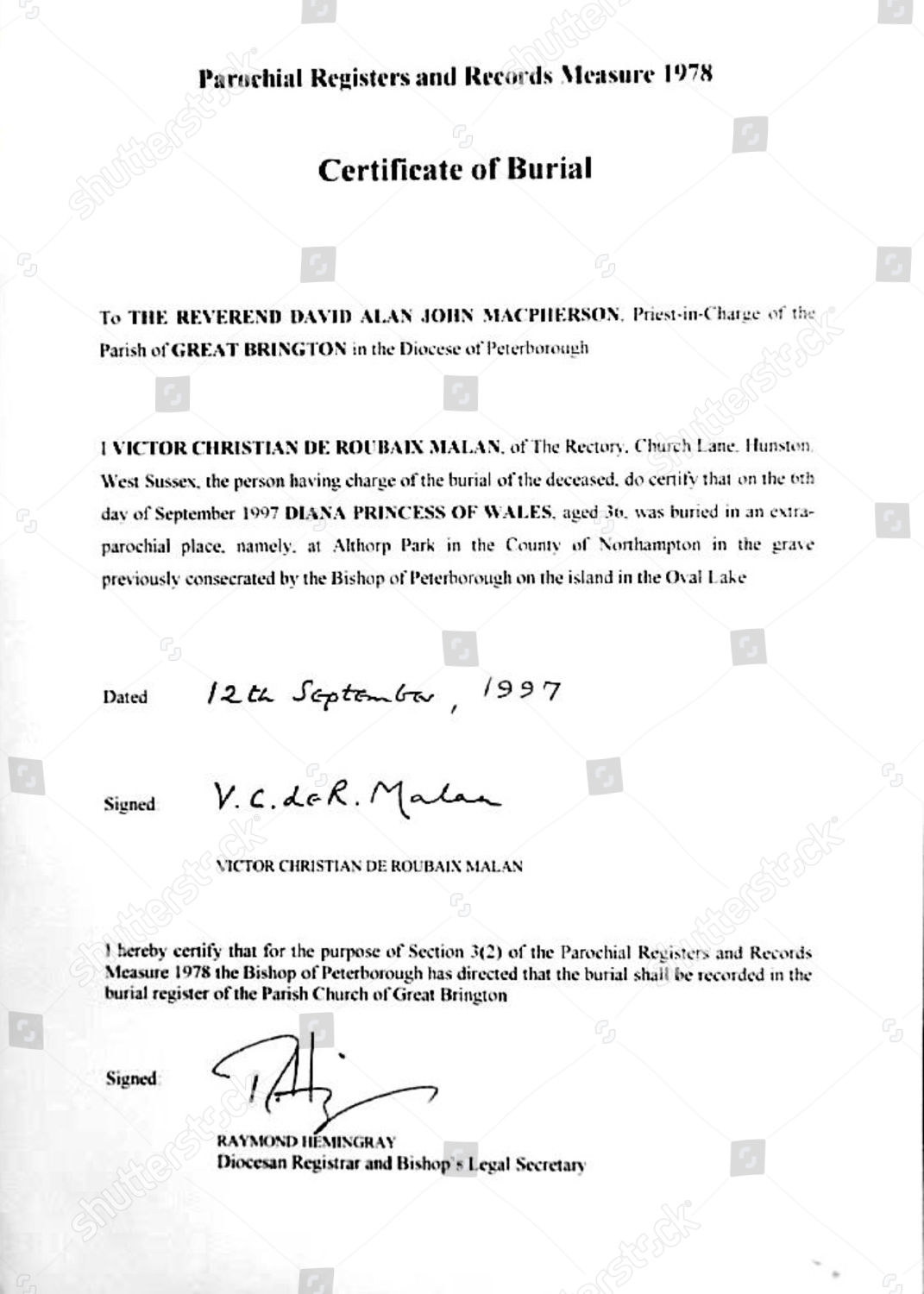 Princess Dianas Certificate Burial Editorial Stock Photo - Stock Image ...