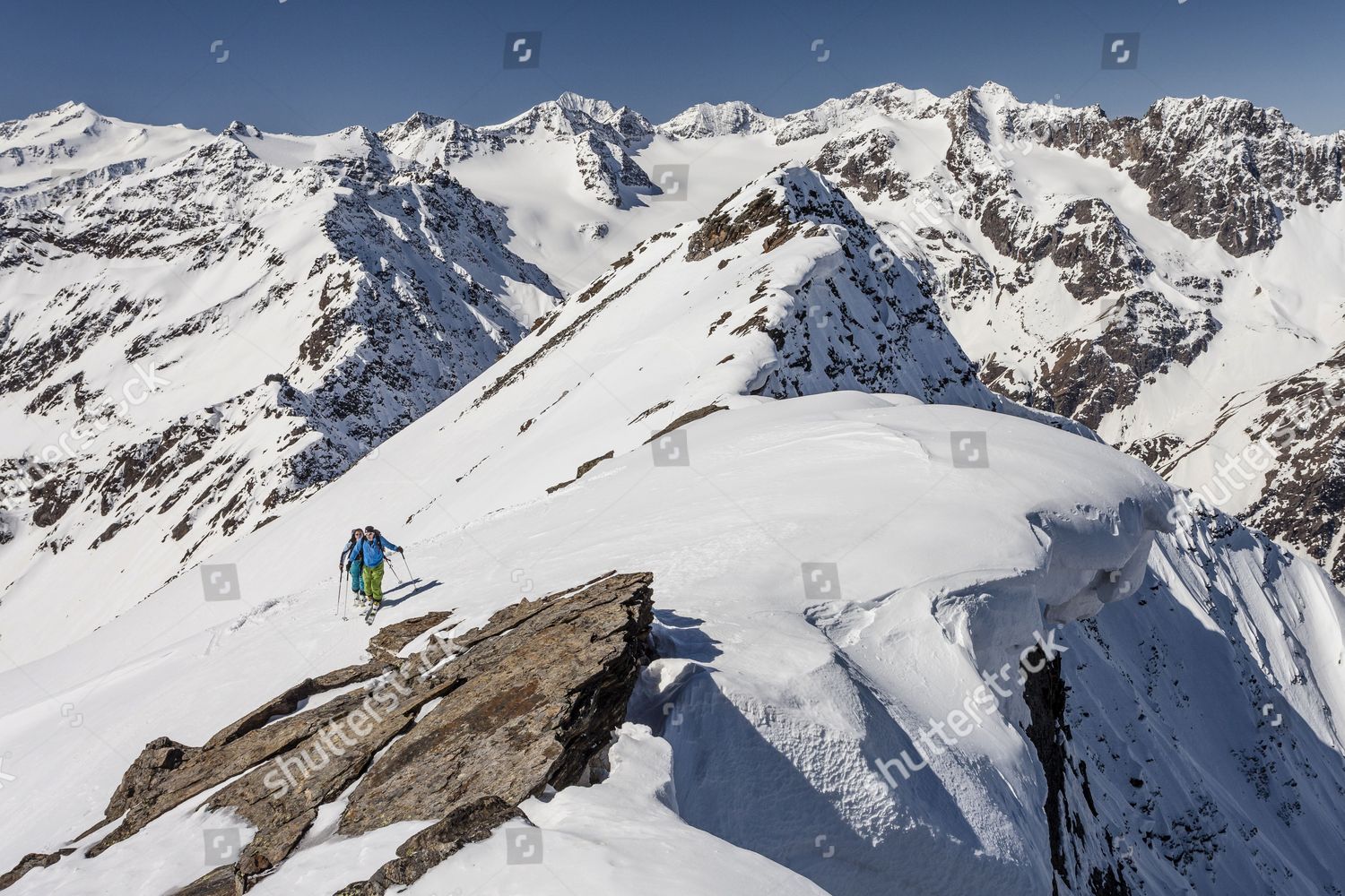 Ski Walkers On Summit Ridge Snowdrift Editorial Stock Photo - Stock ...