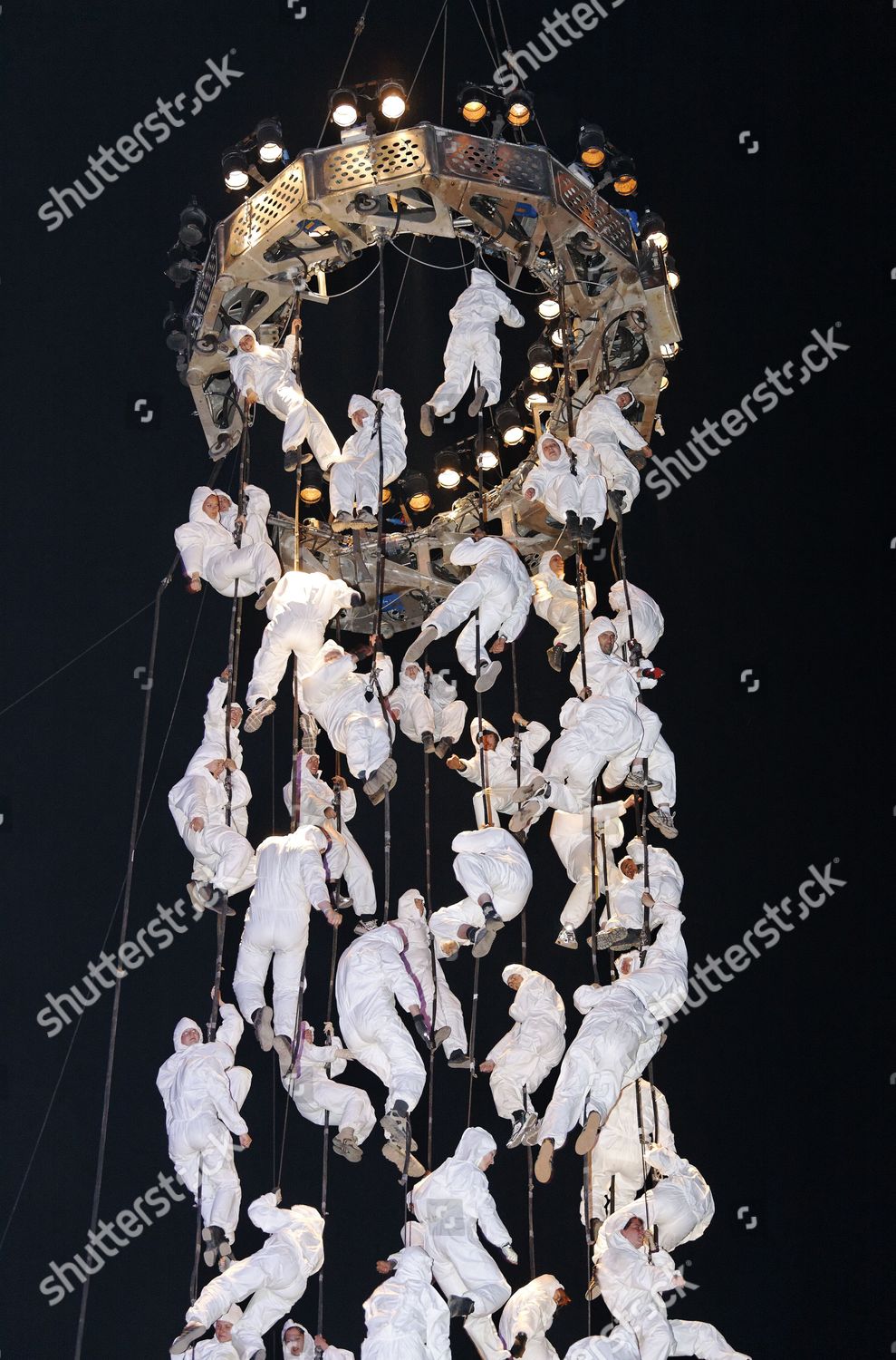 Whiteclad Trapeze Artists Hanging Ropes Global Editorial Stock Photo