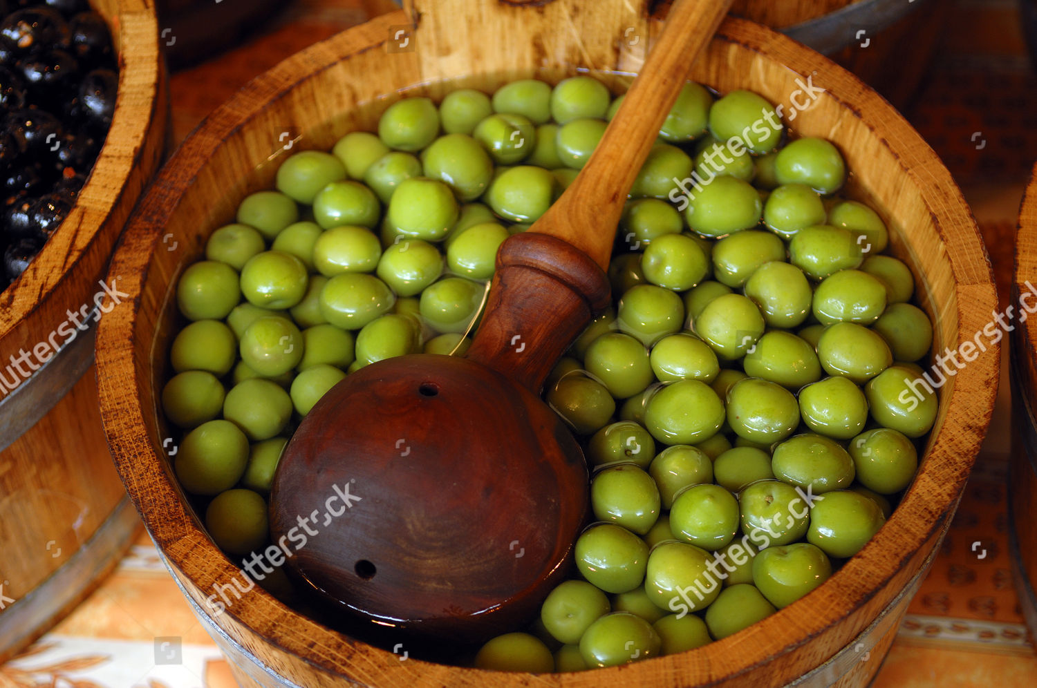 Green Olives Wooden Tub Wooden Ladle Editorial Stock Photo Stock
