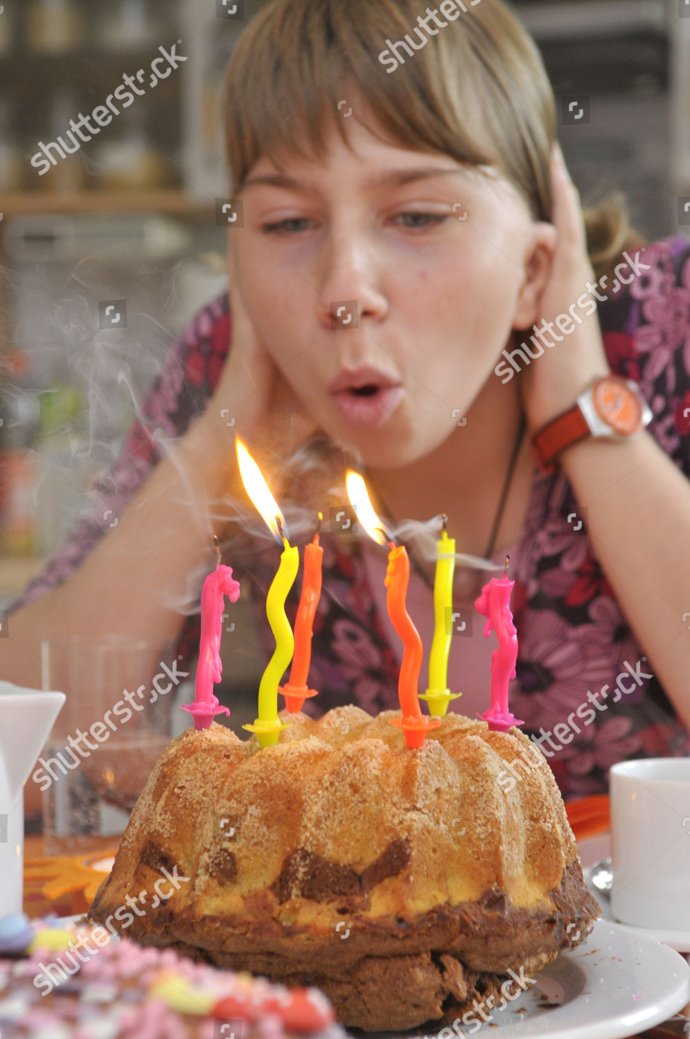 Model Released Girl Blowing Out Candles Editorial Stock Photo Stock