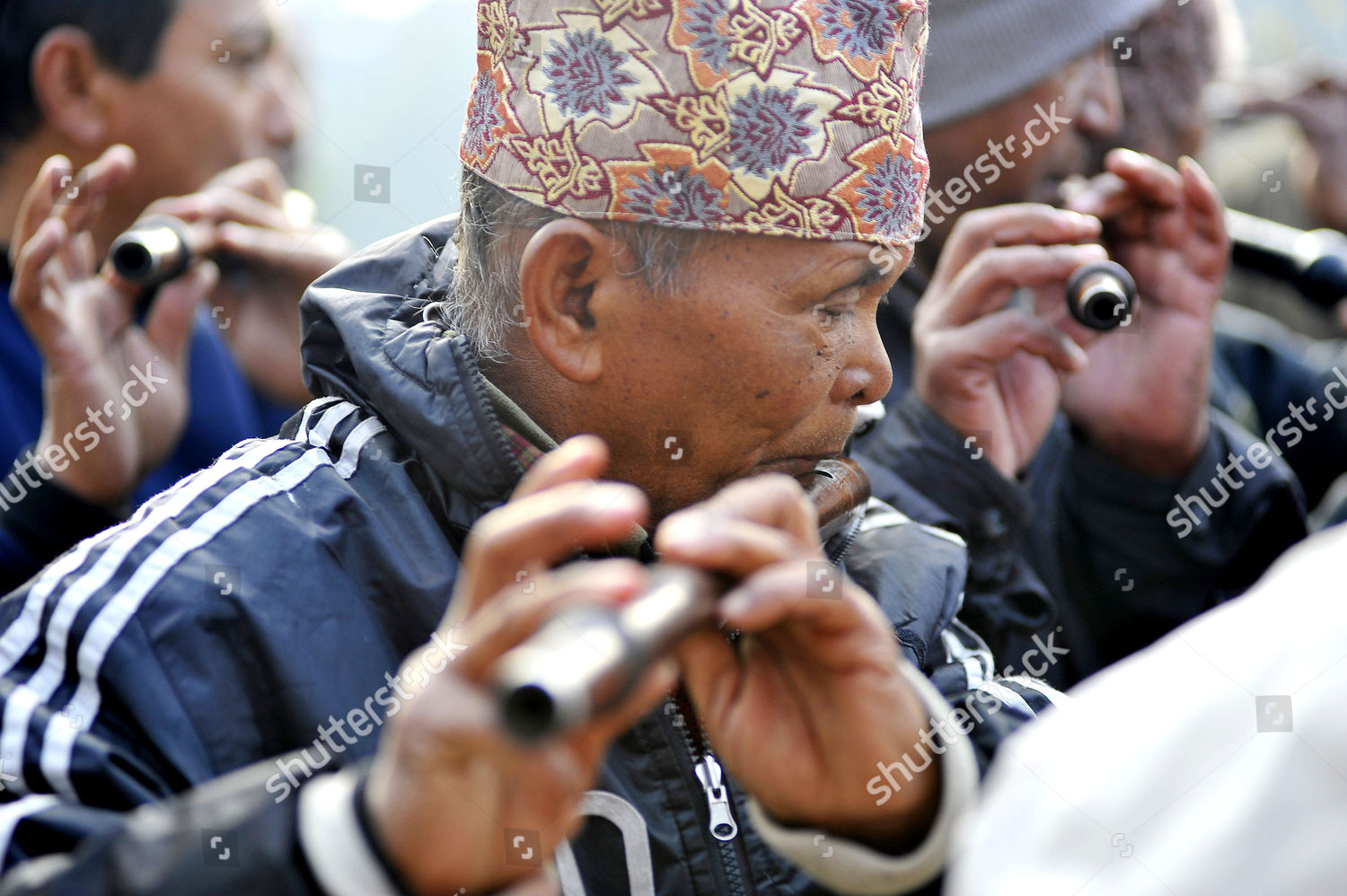 Nepalese Devotees Plays Traditional Flutes During Editorial Stock Photo