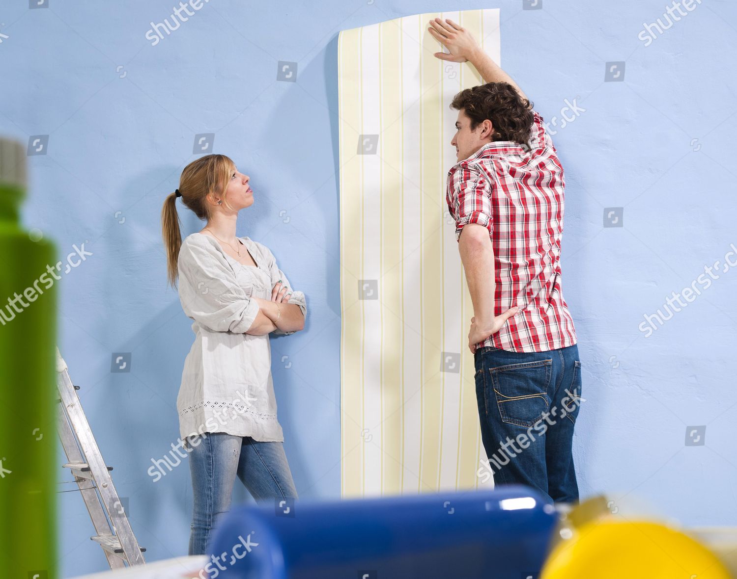 Model Released Young Couple Applying Wallpaper Editorial Stock Photo