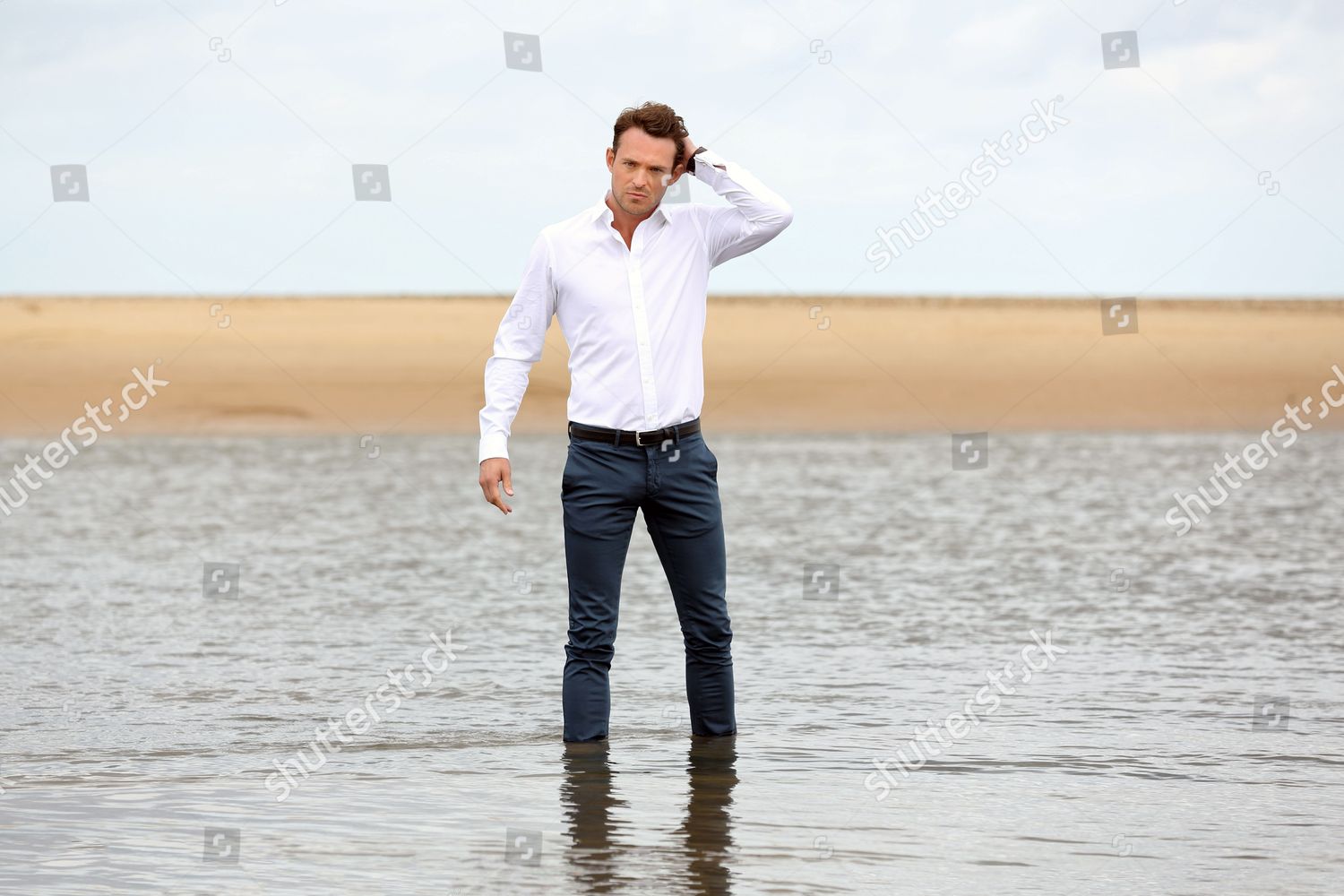 white shirt blue chinos