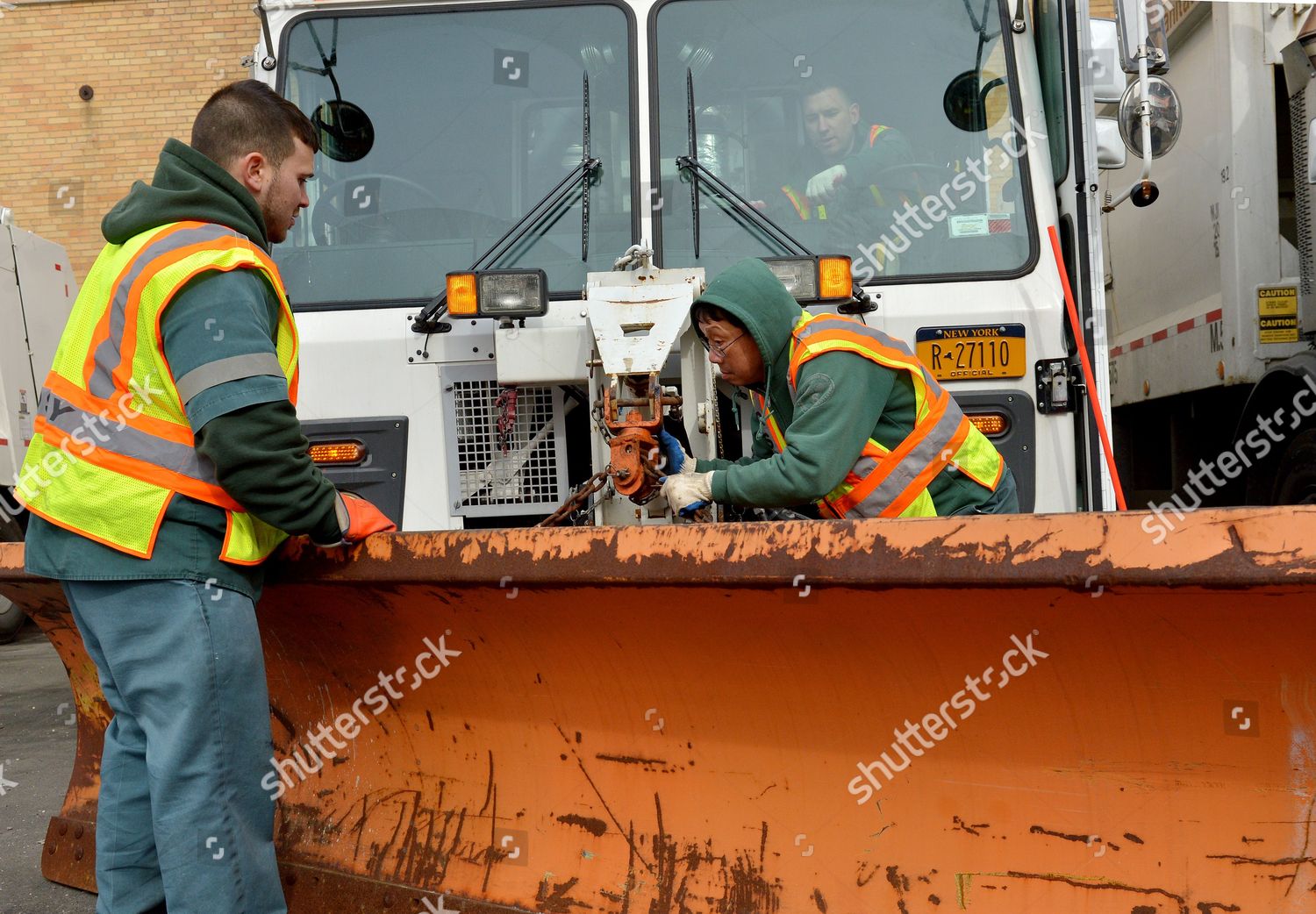 Sanitation Workers Affix Plow Garbage Truck Editorial Stock Photo