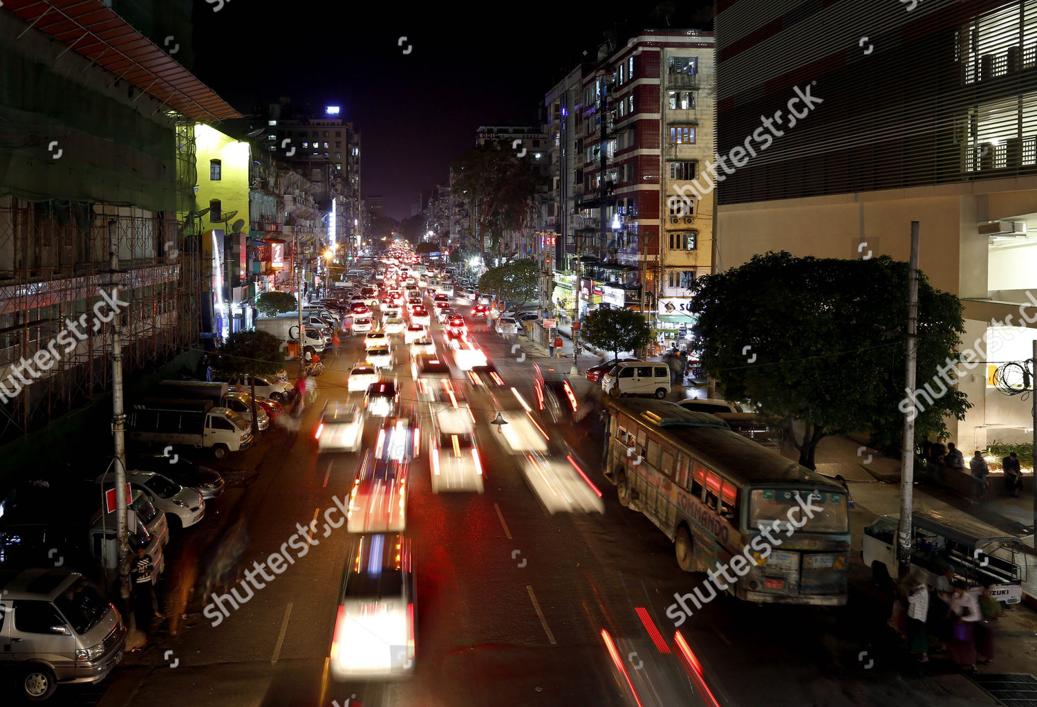 Cars Drive Next Parked Bus Downtown Yangon Editorial Stock - 