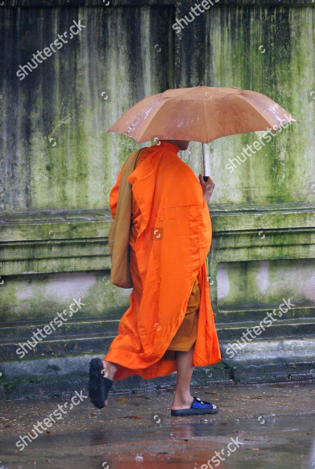 Buddhist Monk Walking in the Rain