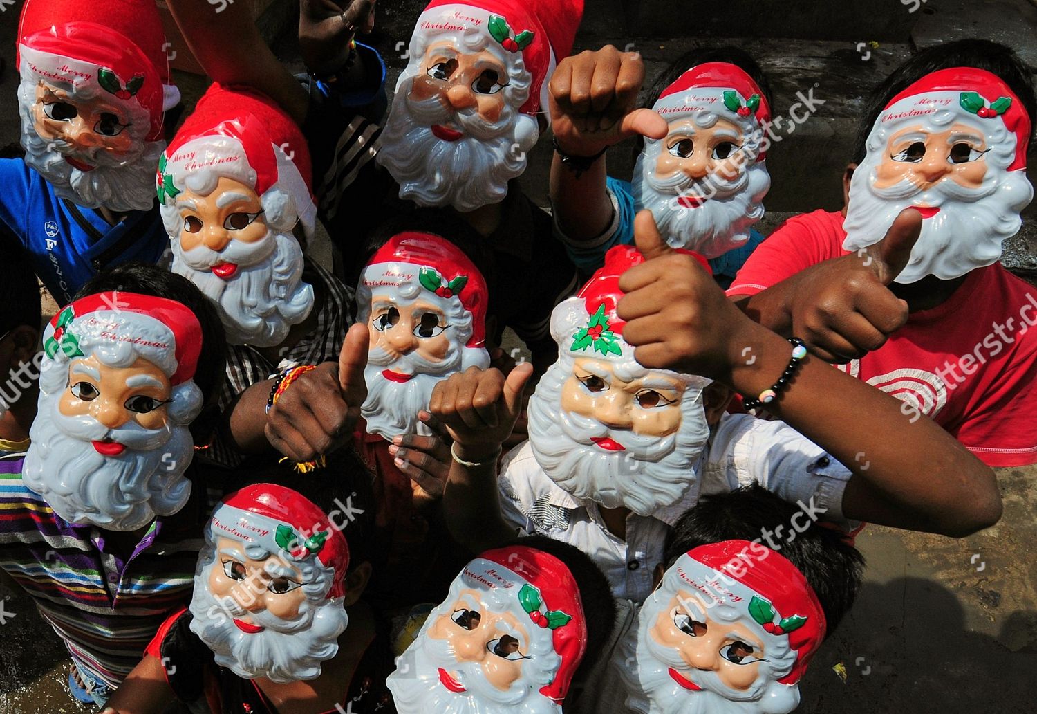 Indian Children Wear Santa Claus Masks Editorial Stock Photo - Stock 