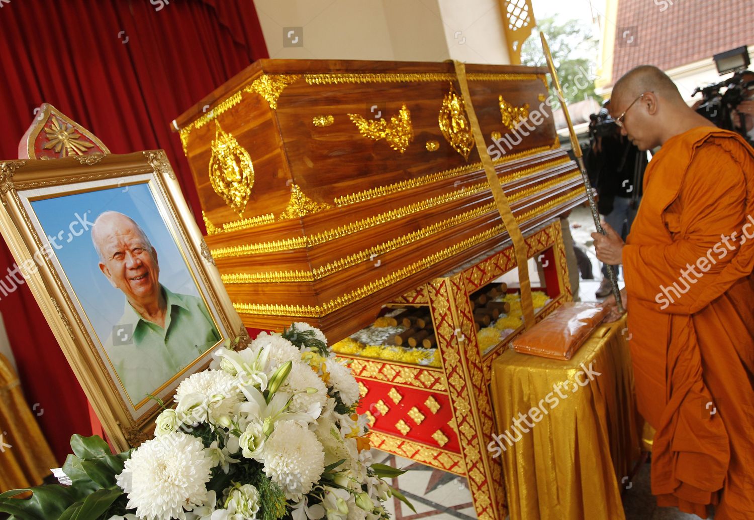Thai Buddhist Monk Prays Front Coffins Editorial Stock Photo Stock