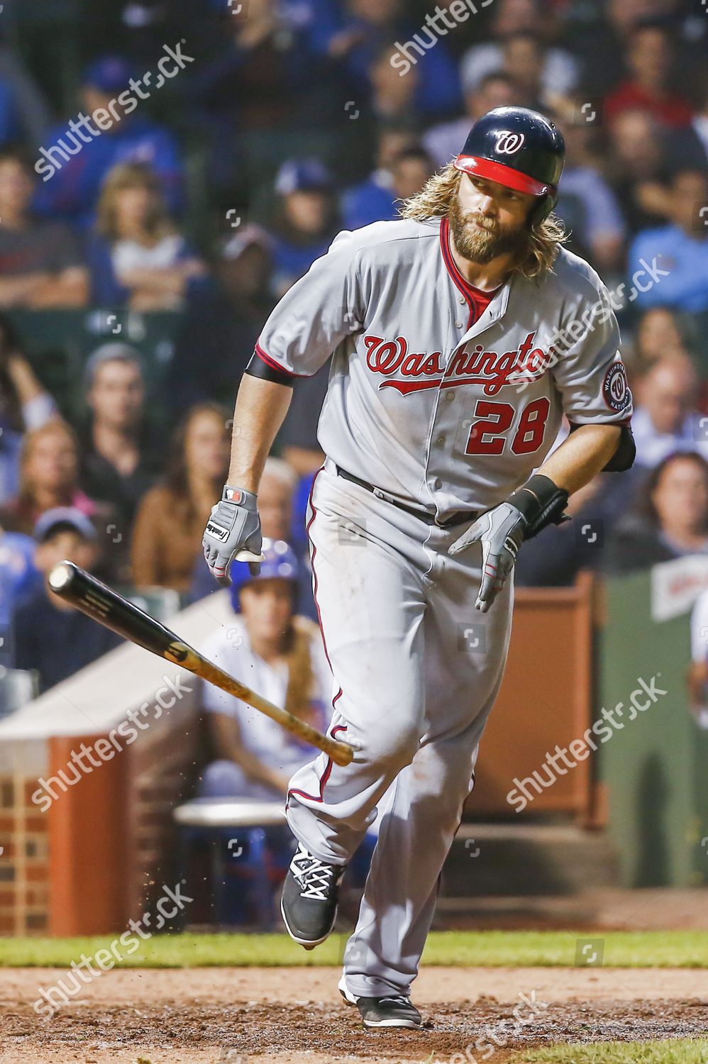 Jayson Werth of the Washington Nationals tosses his bat after