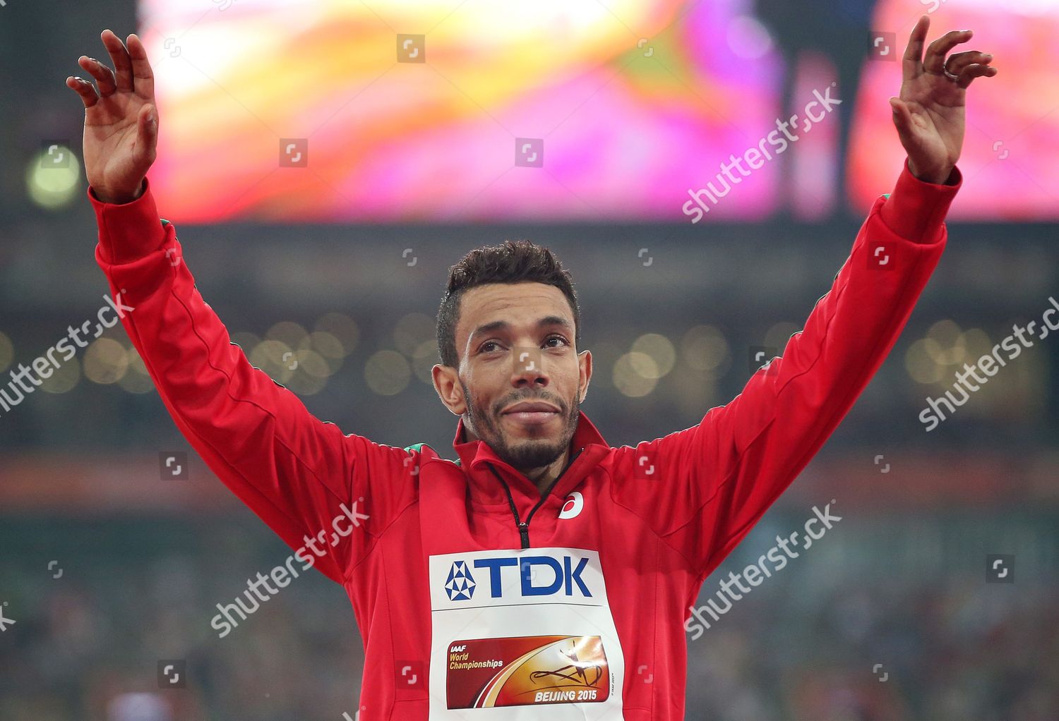 Moroccos Abdalaati Iguider Celebrates On Podium Editorial Stock Photo