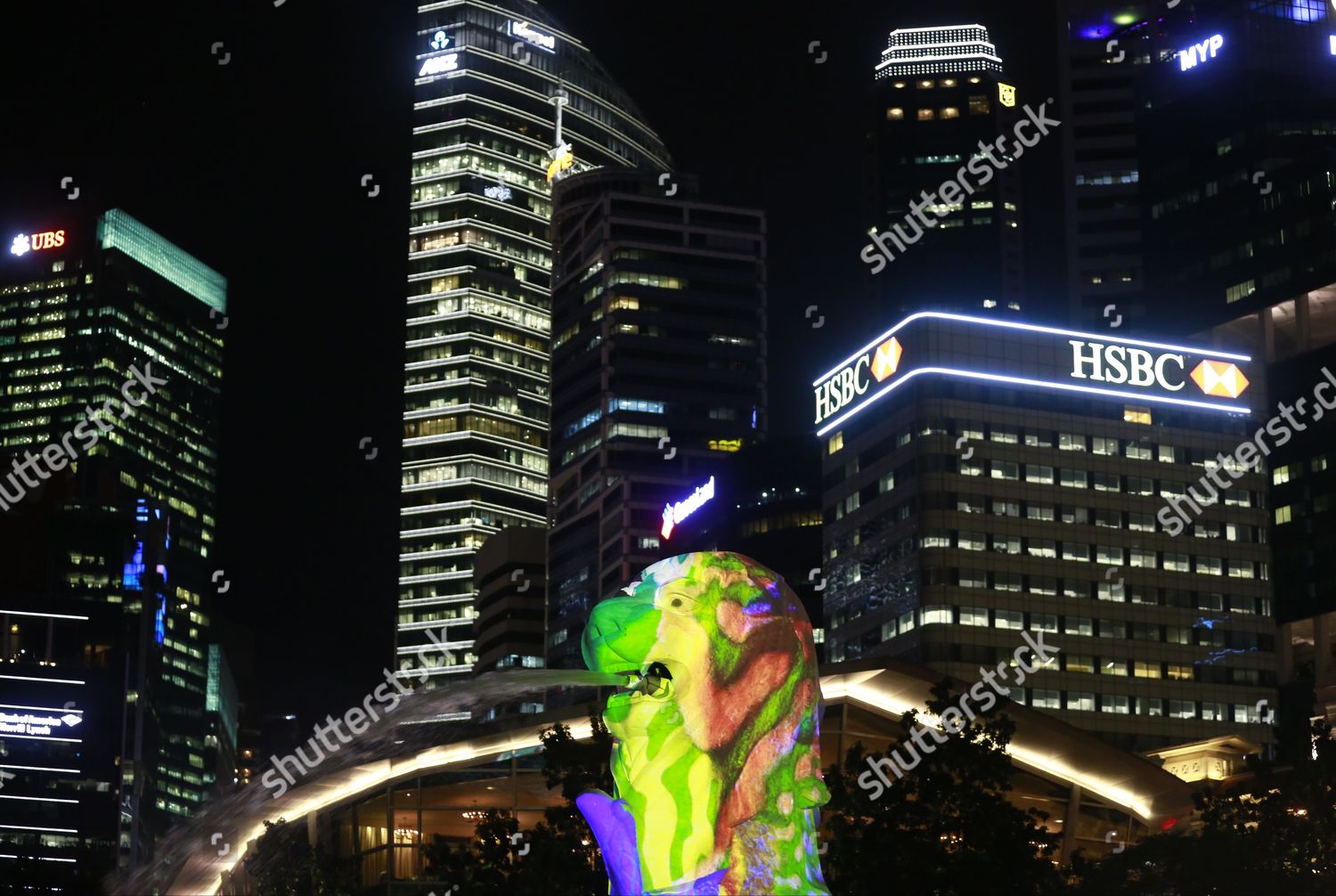 Head Merlion Statueis Illuminated By Video Editorial Stock Photo