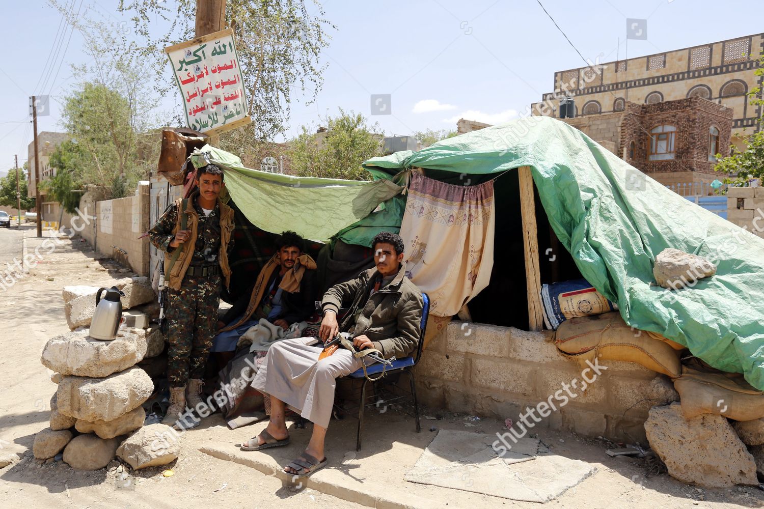 Houthi Militiamen Stand Guard Checkpoint Neighborhood Editorial Stock