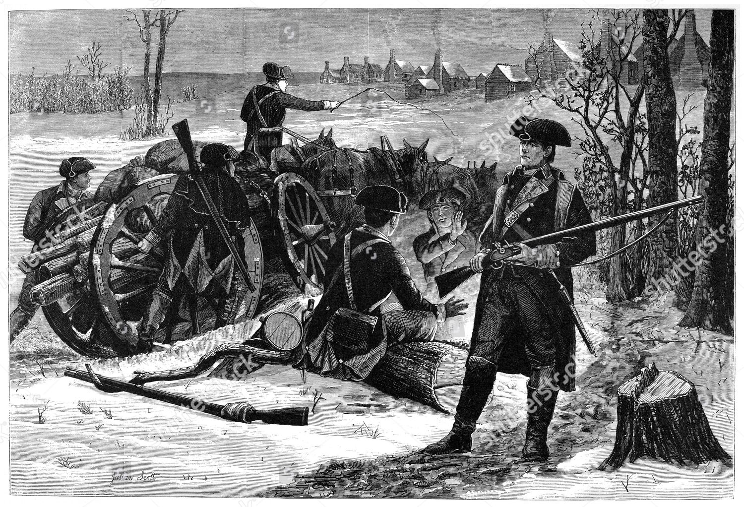 Valley Forge Winter 1777 Wagon Carrying Logs: редакционная стоковая фотогра...