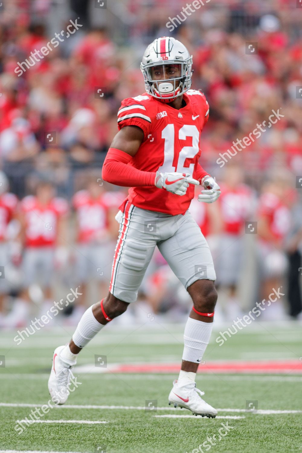 Ohio Stadium Columbus OH USA 7th Oct 2017 Ohio State Buckeyes  cornerback Denzel Ward 12 runs with the ball during an NCAA football game  between the Ohio State Buckeyes and the Maryland