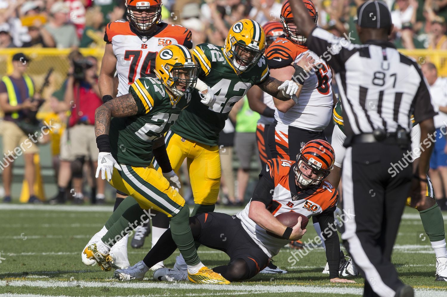 September 24, 2017: Green Bay Packers safety Josh Jones #27 during the NFL  Football game between the Cincinnati Bengals and the Green Bay Packers at  Lambeau Field in Green Bay, WI. Green