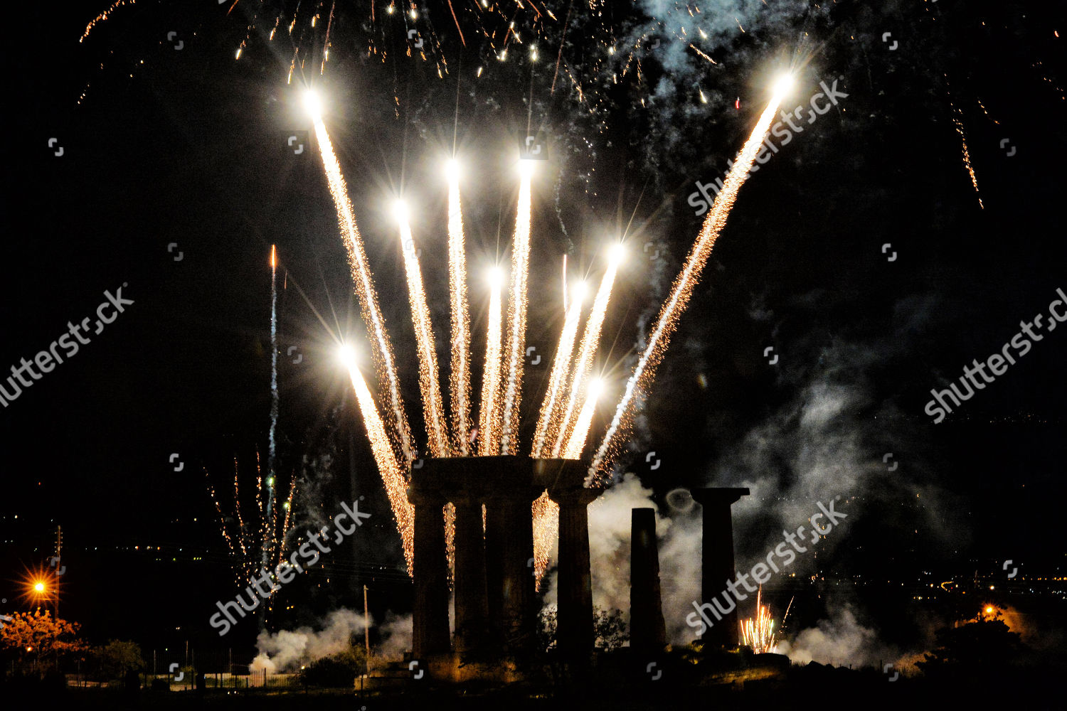 Fireworks Illuminate Sky Over Temple Apollo Editorial Stock Photo