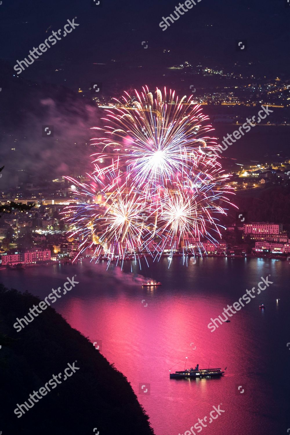 Traditional Fireworks Over Lake Lucerne During Editorial Stock Photo