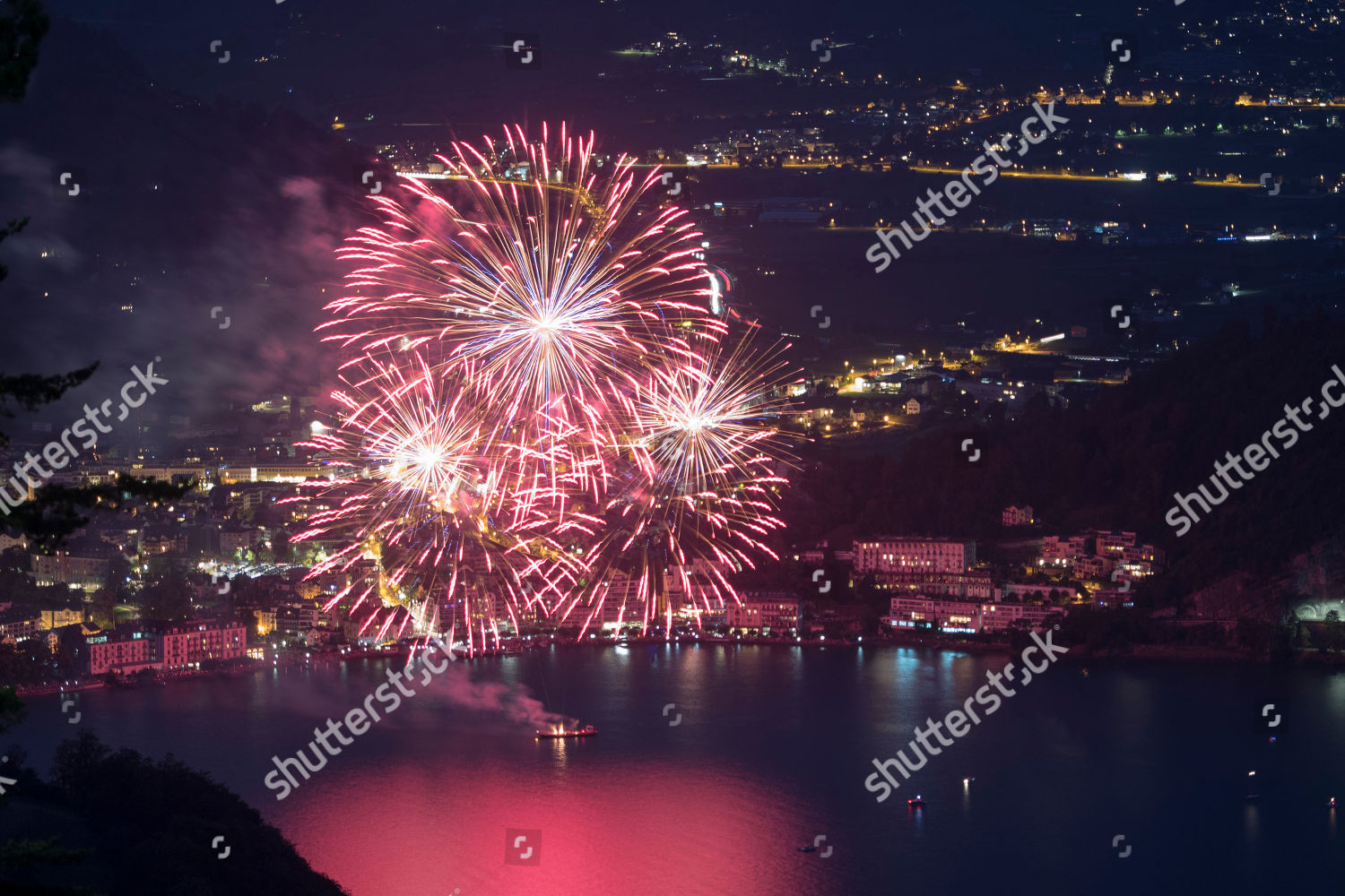 Traditional Fireworks Over Lake Lucerne During Editorial Stock Photo