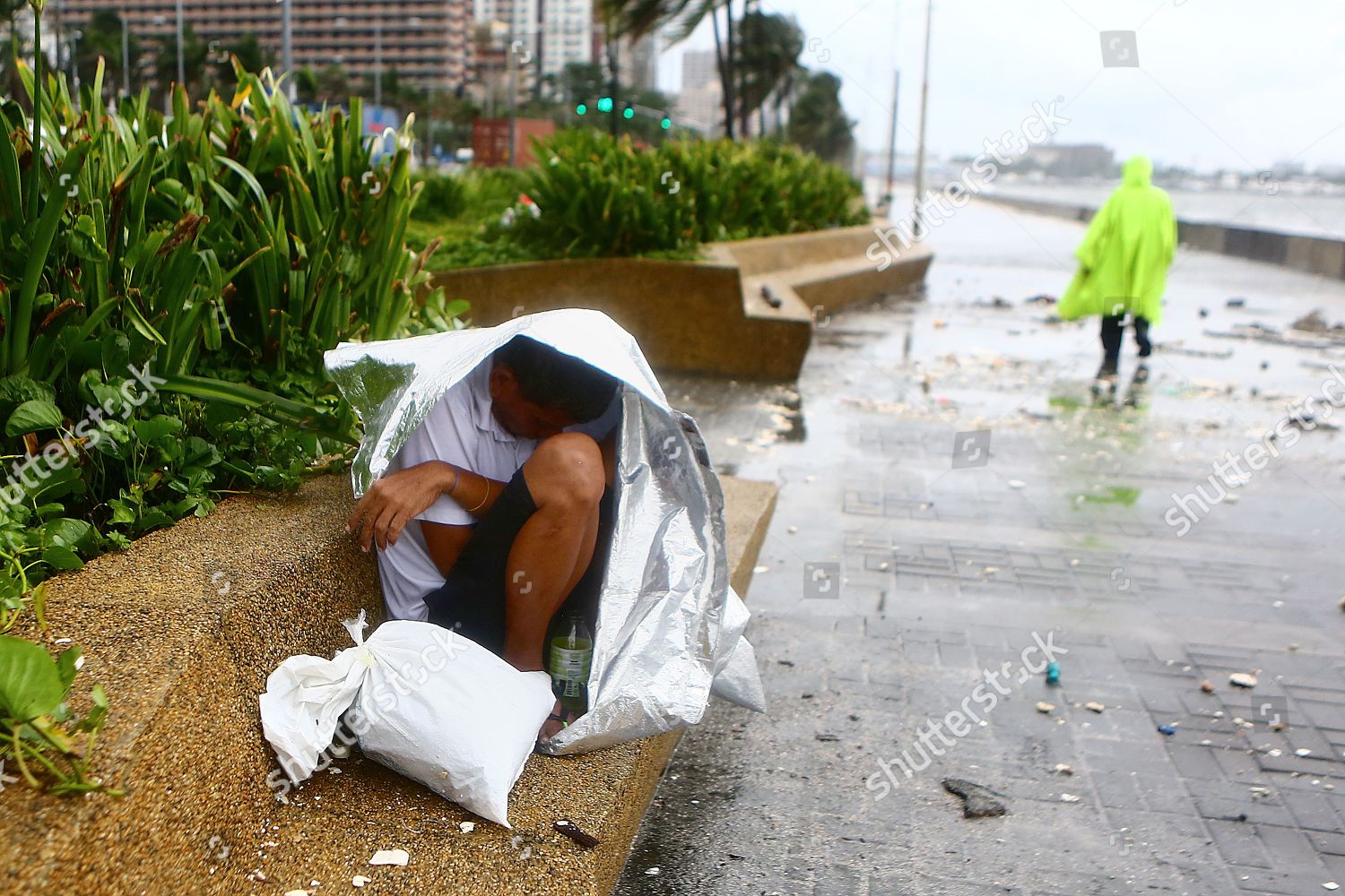 Man Covers Himself Rain Wind Along Editorial Stock Photo Stock Image