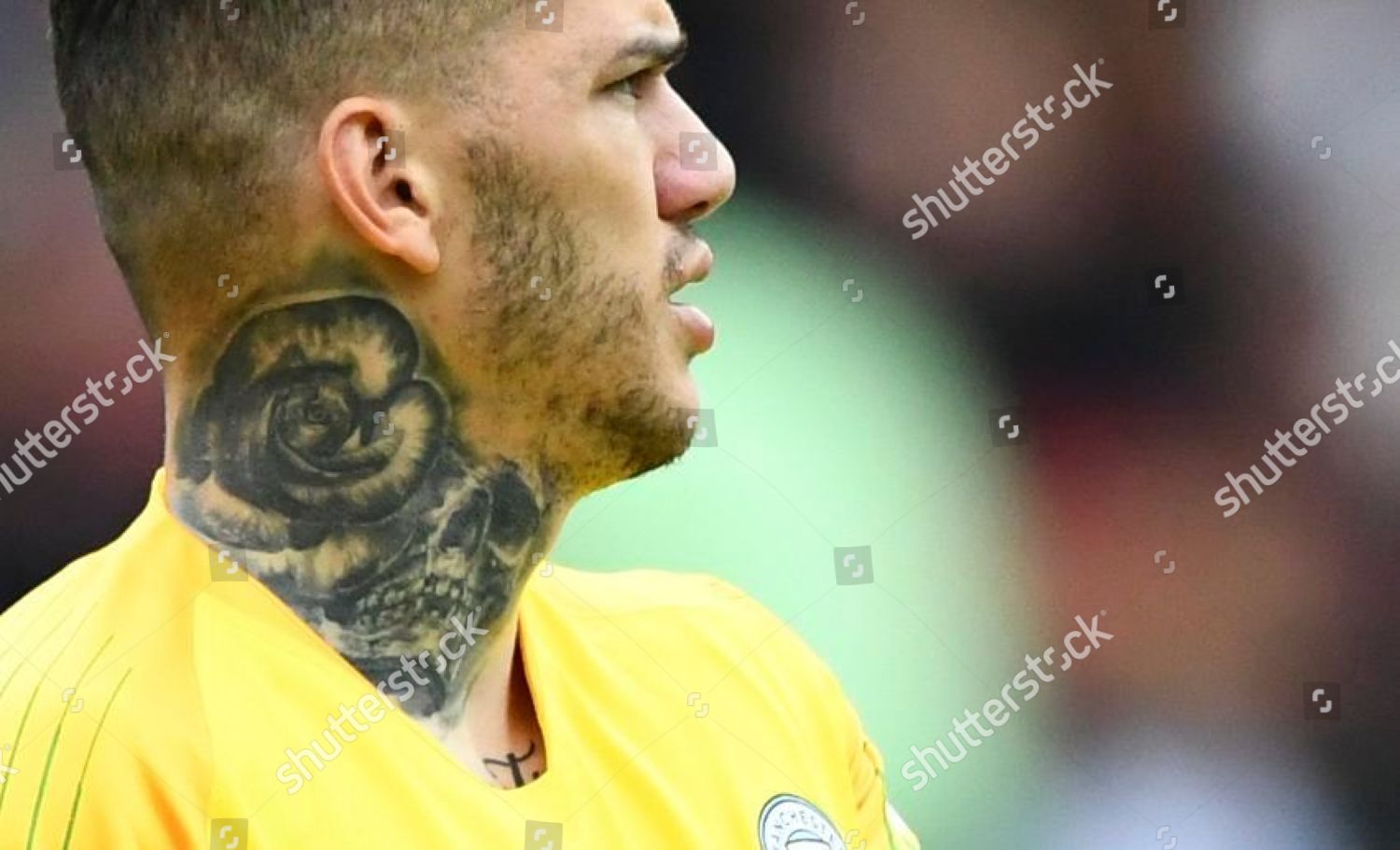 Milton Keynes UK 20th Nov 2018 The smiley face tattoo on the neck of  Goalkeeper Ederson Manchester City of Brazil during the International  match between Brazil and Cameroon at stadiummk Milton Keynes