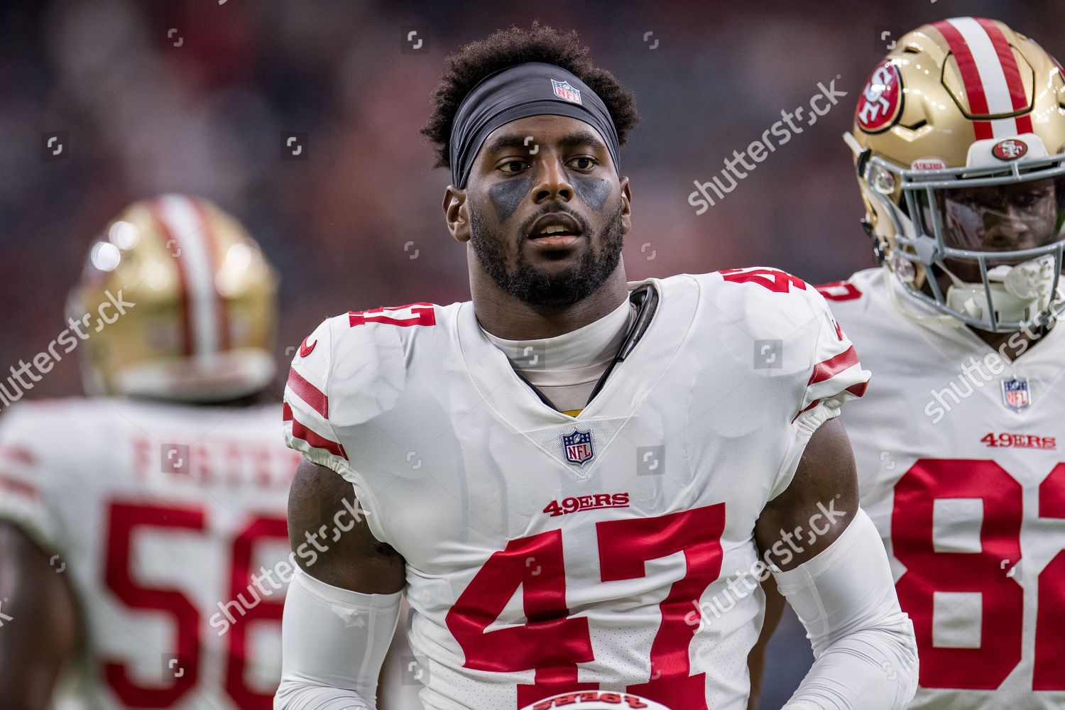 Houston, USA. 18 August 2018. San Francisco 49ers linebacker Elijah Lee  (47) prior to a preseason NFL football game between the Houston Texans and  the San Francisco 49ers at NRG Stadium in