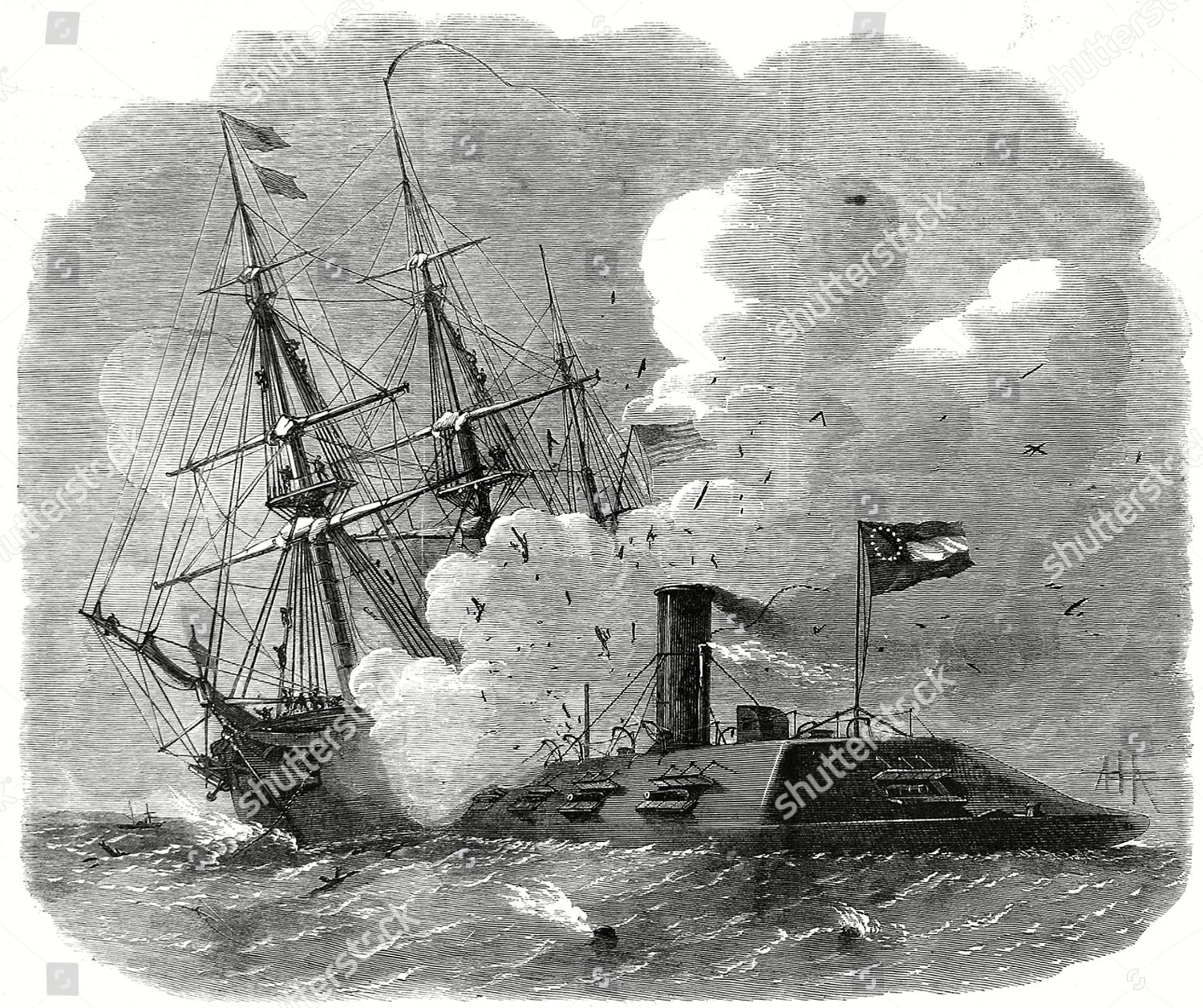 Confederate Ironplated Steamer Merrimac Running Into Editorial Stock ...