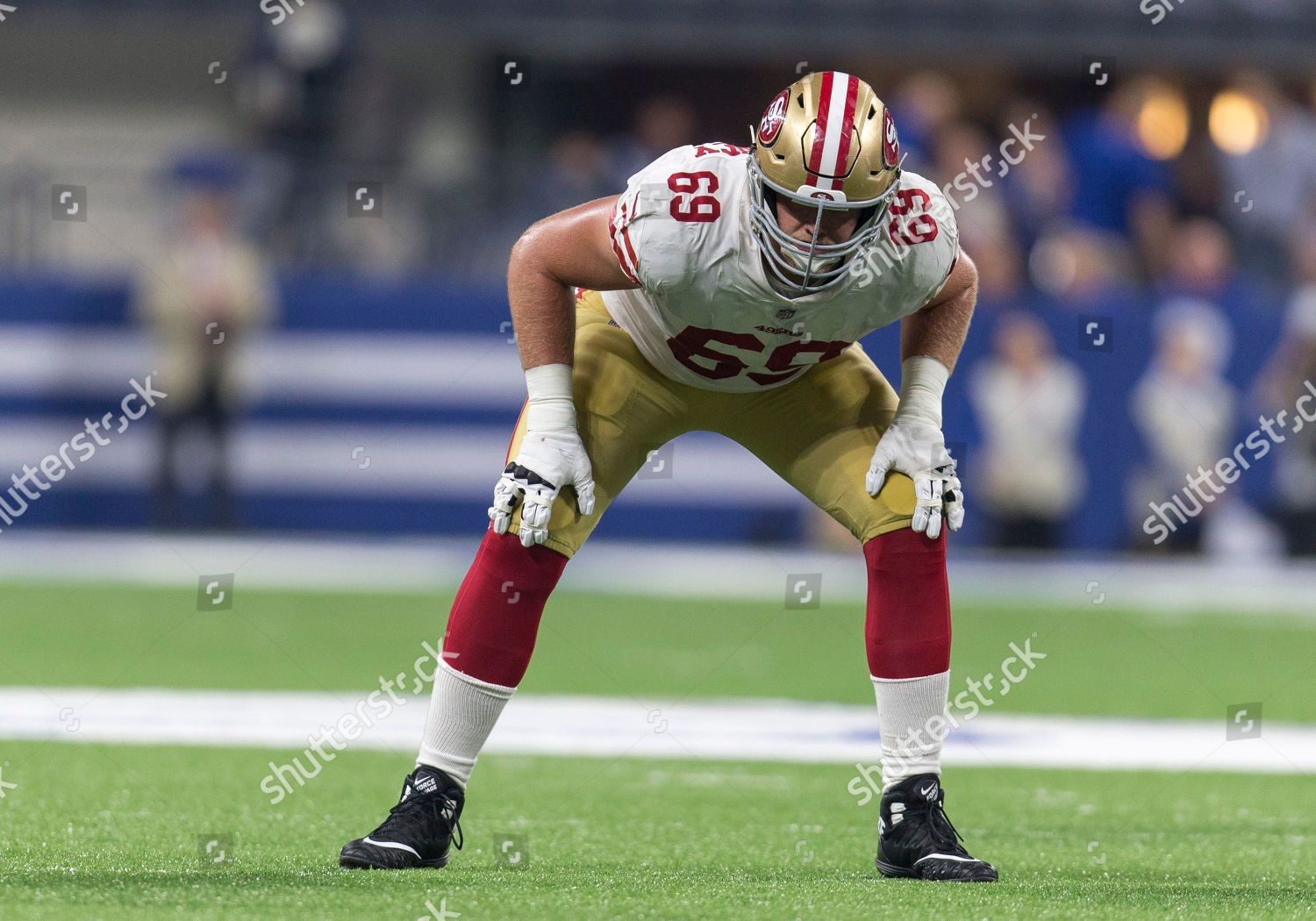 August 25, 2018: San Francisco 49ers offensive lineman Mike McGlinchey (69)  during NFL football preseason game action between the San Francisco 49ers  and the Indianapolis Colts at Lucas Oil Stadium in Indianapolis