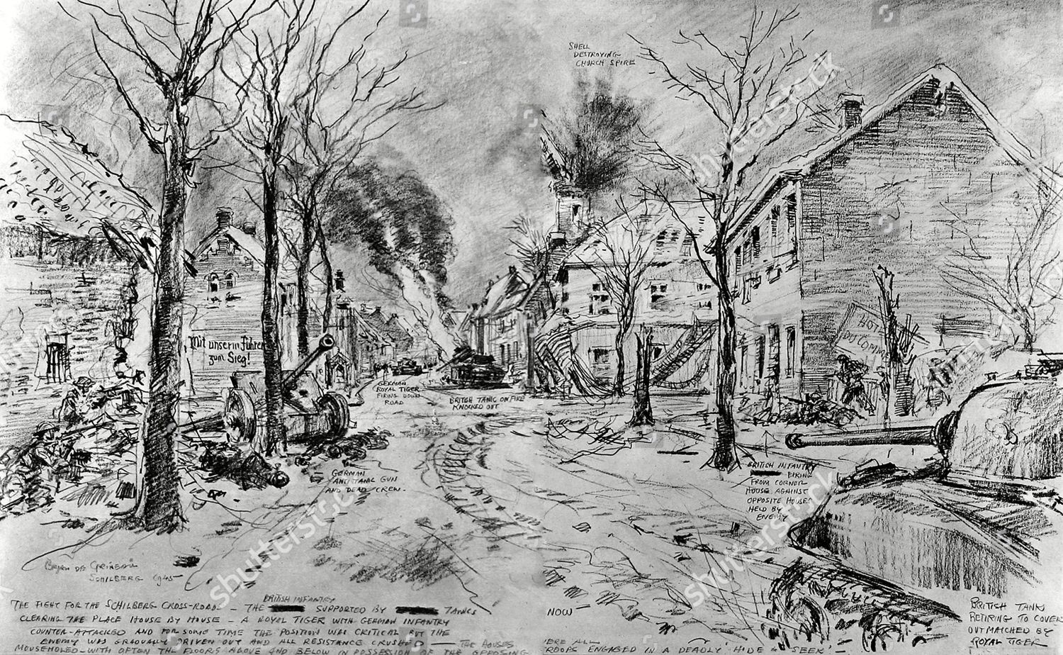 sketch battle between british german troops control editorial stock photo stock image shutterstock https www shutterstock com editorial image editorial battle at the schilberg crossroads second world war 1945 9831759a